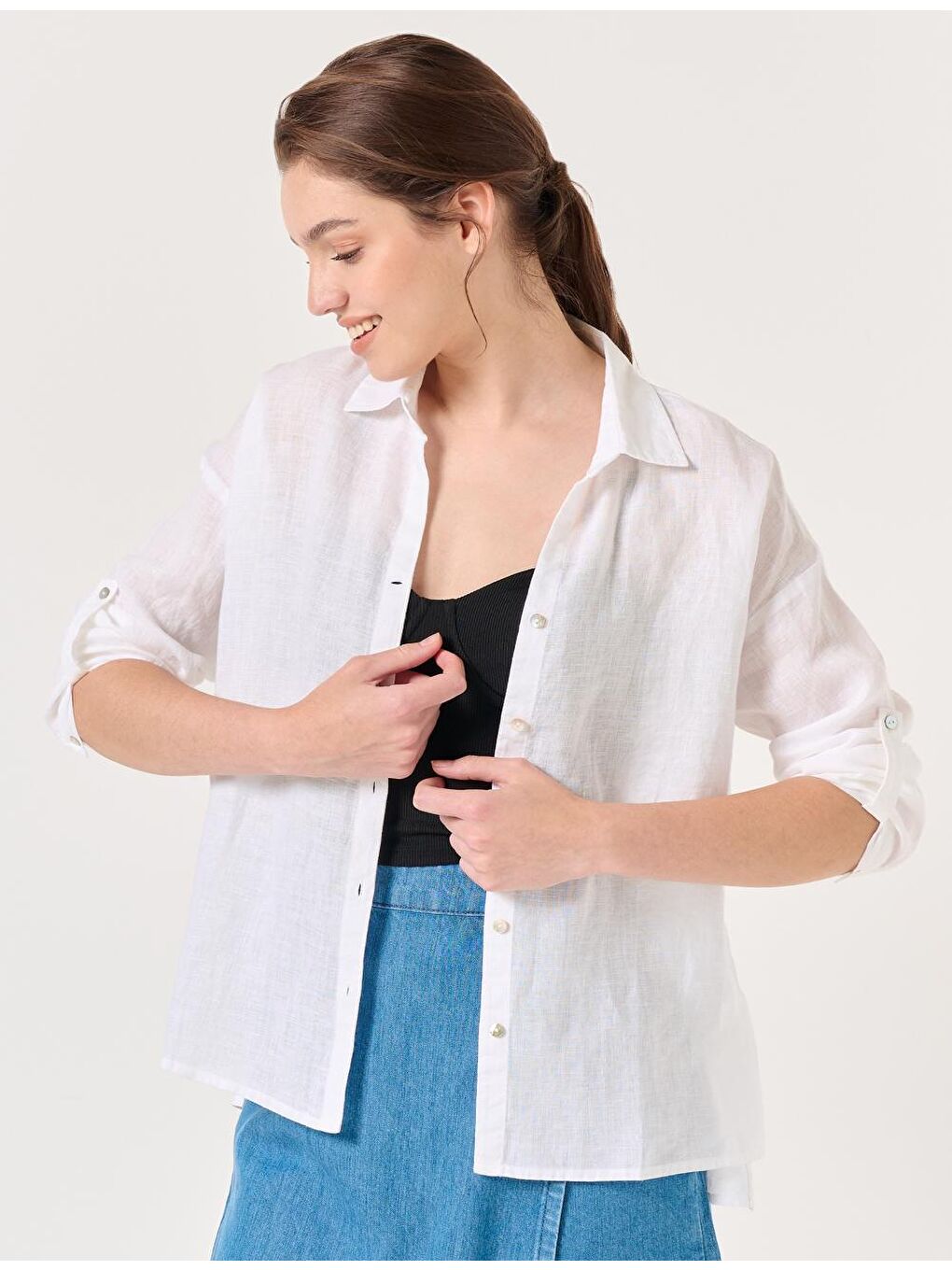 Beyaz Düz Kesim Gömlek Yaka Uzun Kollu Basic Keten Gömlek-2