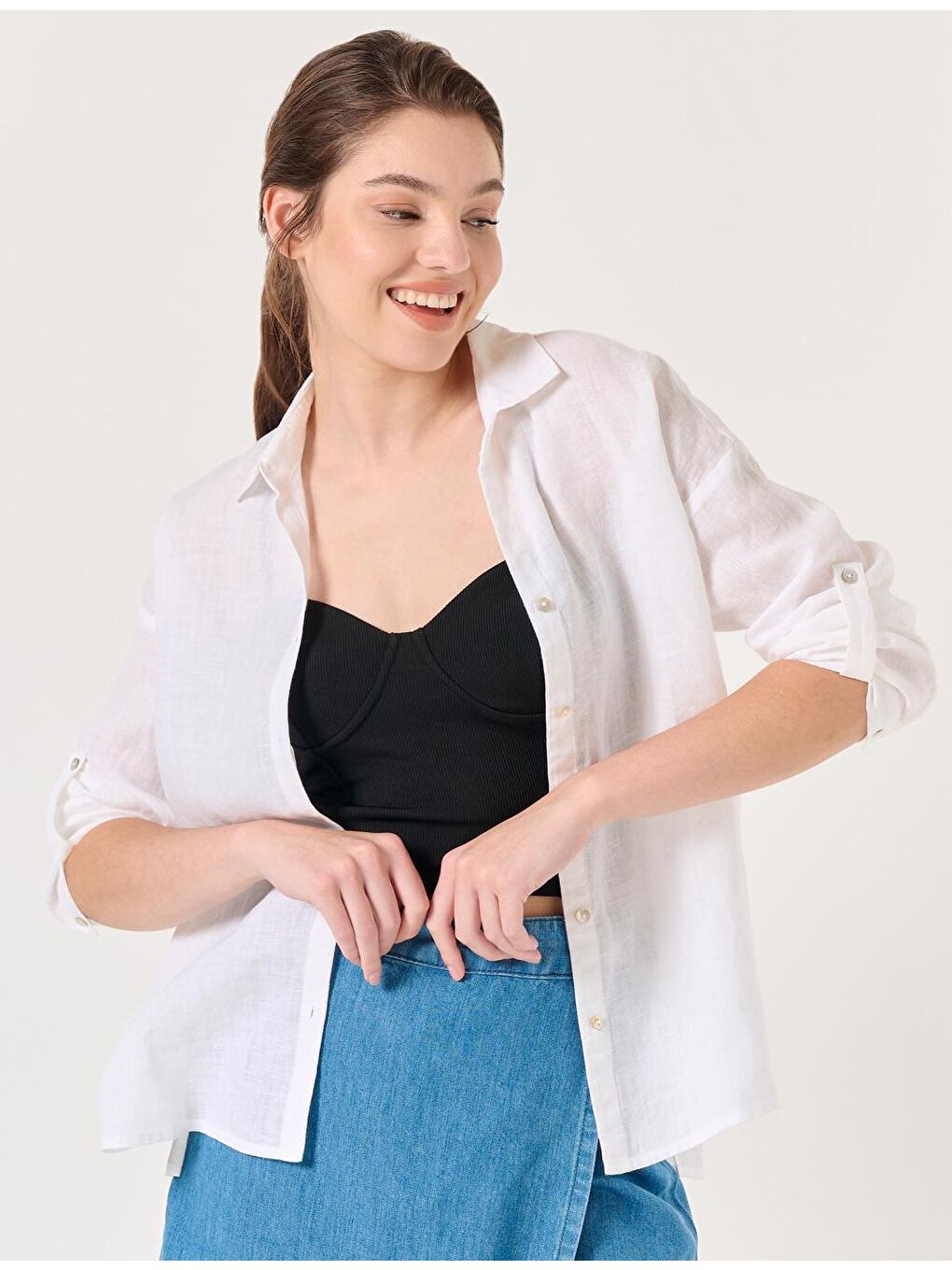 Beyaz Düz Kesim Gömlek Yaka Uzun Kollu Basic Keten Gömlek-3