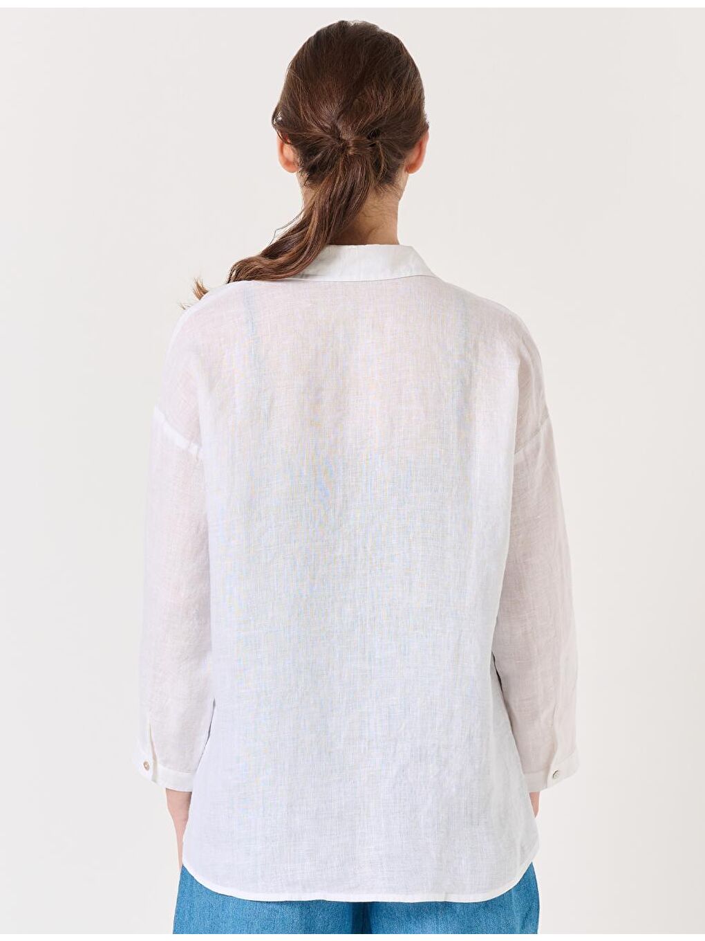 Beyaz Düz Kesim Gömlek Yaka Uzun Kollu Basic Keten Gömlek-4