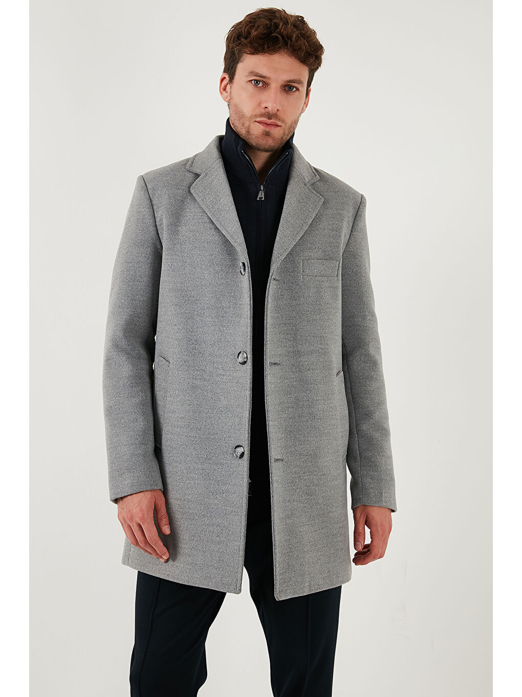 Gri Slim Fit Tek Yırtmaçlı Düğmeli Mono Yaka Kaşe Erkek Kaban 5840098-1