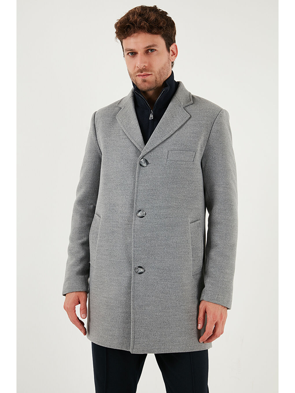 Gri Slim Fit Tek Yırtmaçlı Düğmeli Mono Yaka Kaşe Erkek Kaban 5840098-3