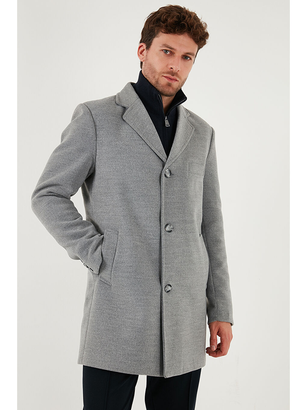 Gri Slim Fit Tek Yırtmaçlı Düğmeli Mono Yaka Kaşe Erkek Kaban 5840098-4