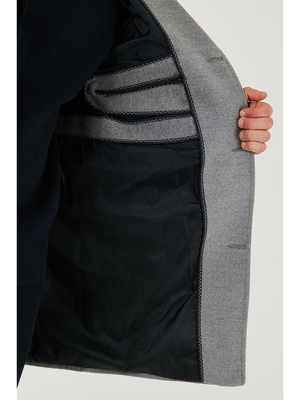 Gri Slim Fit Tek Yırtmaçlı Düğmeli Mono Yaka Kaşe Erkek Kaban 5840098-5