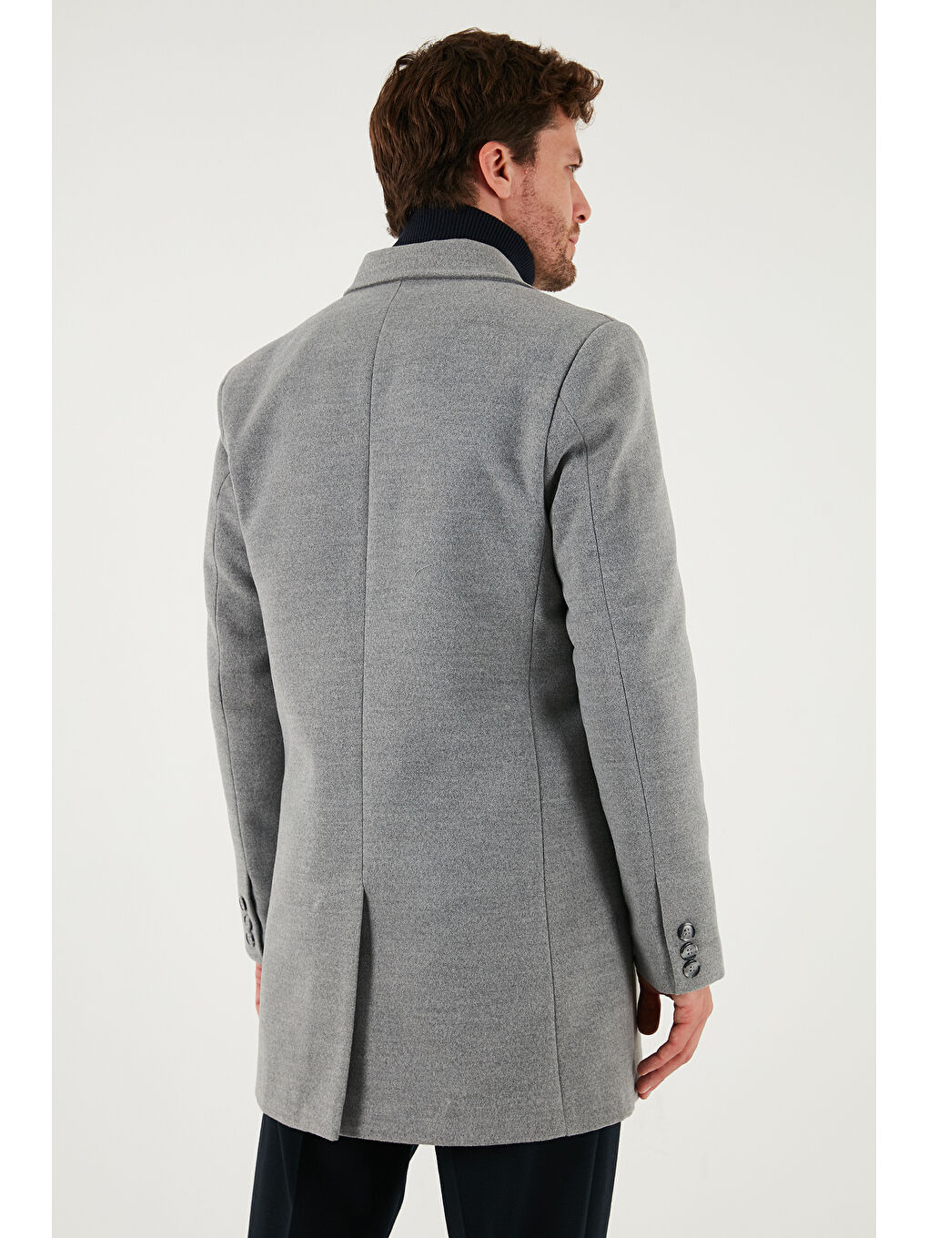 Gri Slim Fit Tek Yırtmaçlı Düğmeli Mono Yaka Kaşe Erkek Kaban 5840098-6
