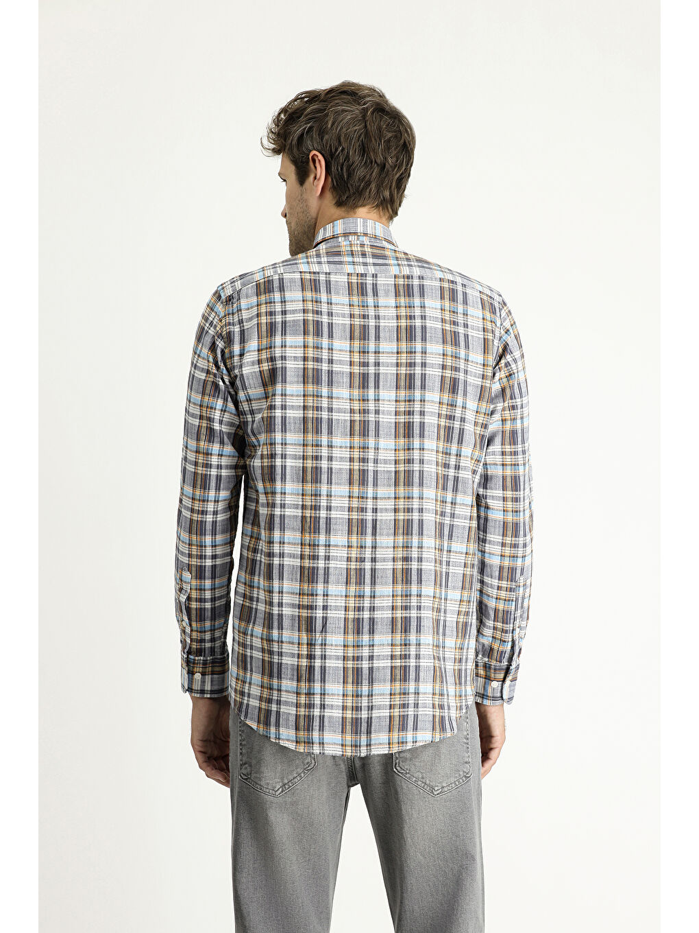 Antrasit Uzun Kol Regular Fit Ekose Spor Pamuk Gömlek-3