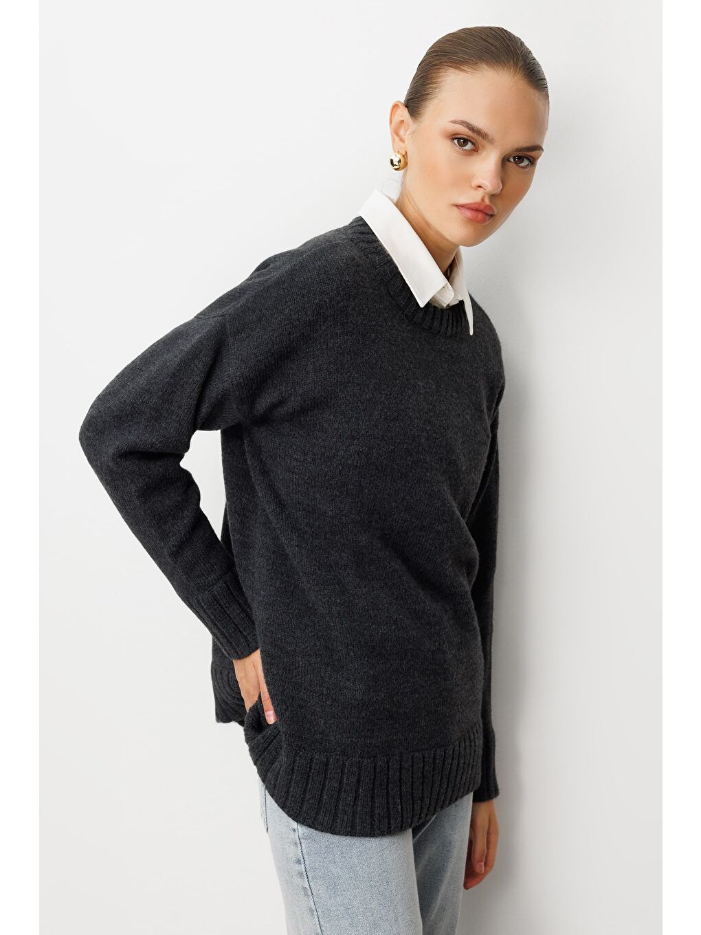 Yuvarlak Yaka Oversize Antrasit Triko Kazak-1