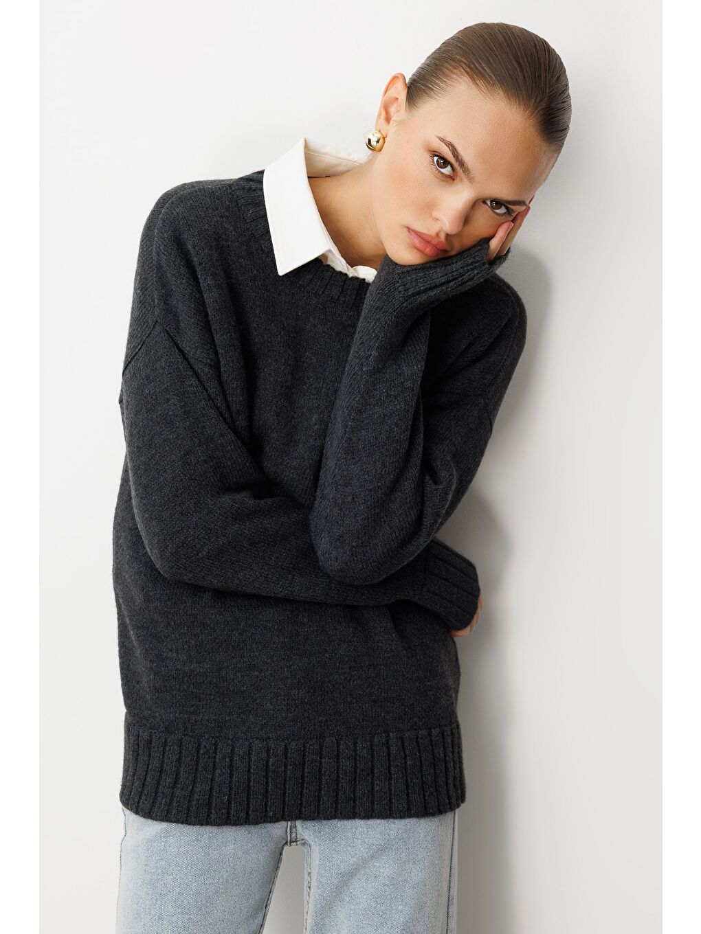 Yuvarlak Yaka Oversize Antrasit Triko Kazak-3