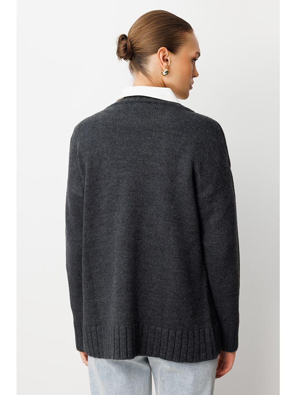 Yuvarlak Yaka Oversize Antrasit Triko Kazak-4