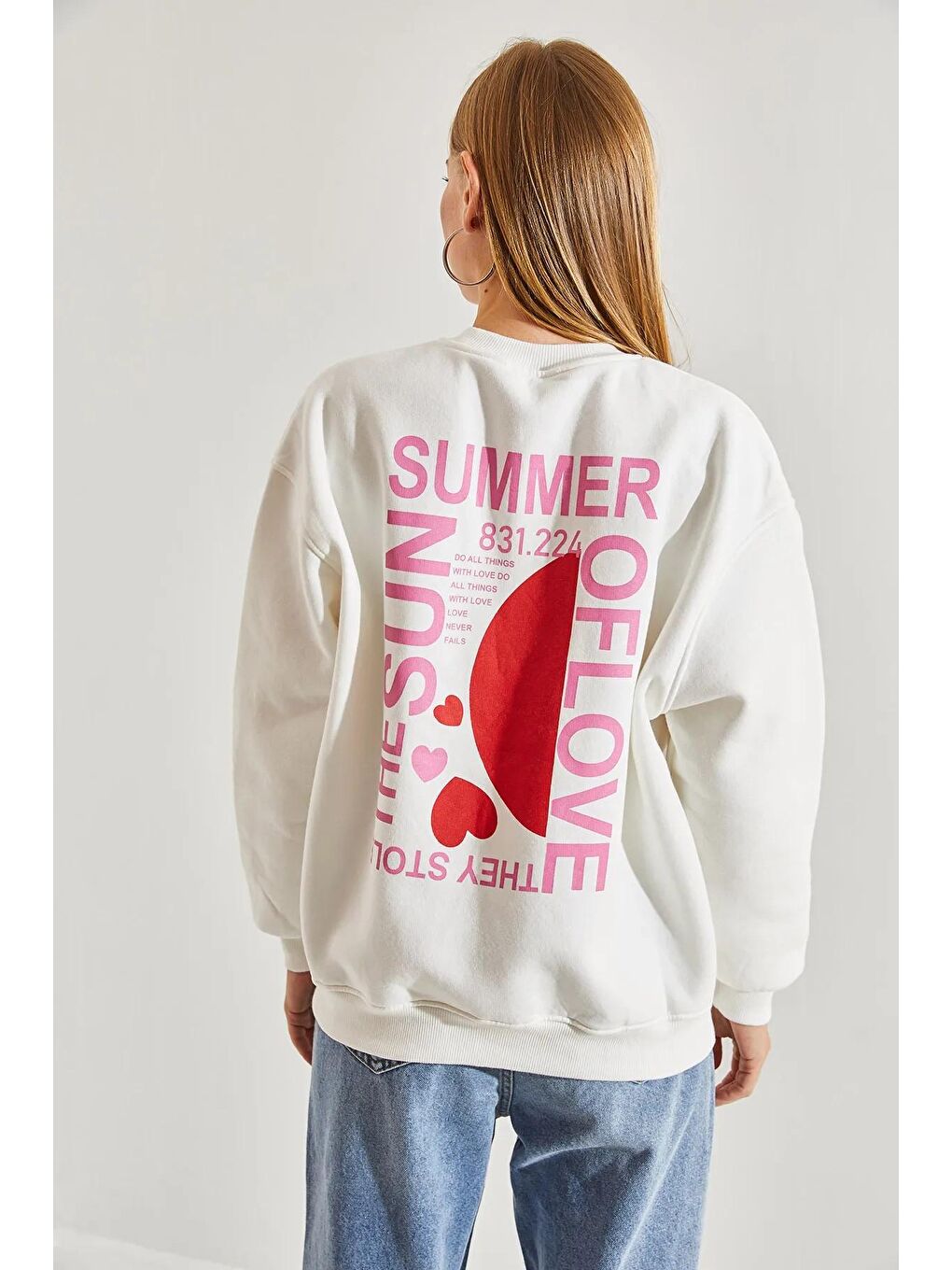 Kırmızı Kadın Kalp Baskılı Üç İplik Şardonlu Sweatshirt-1