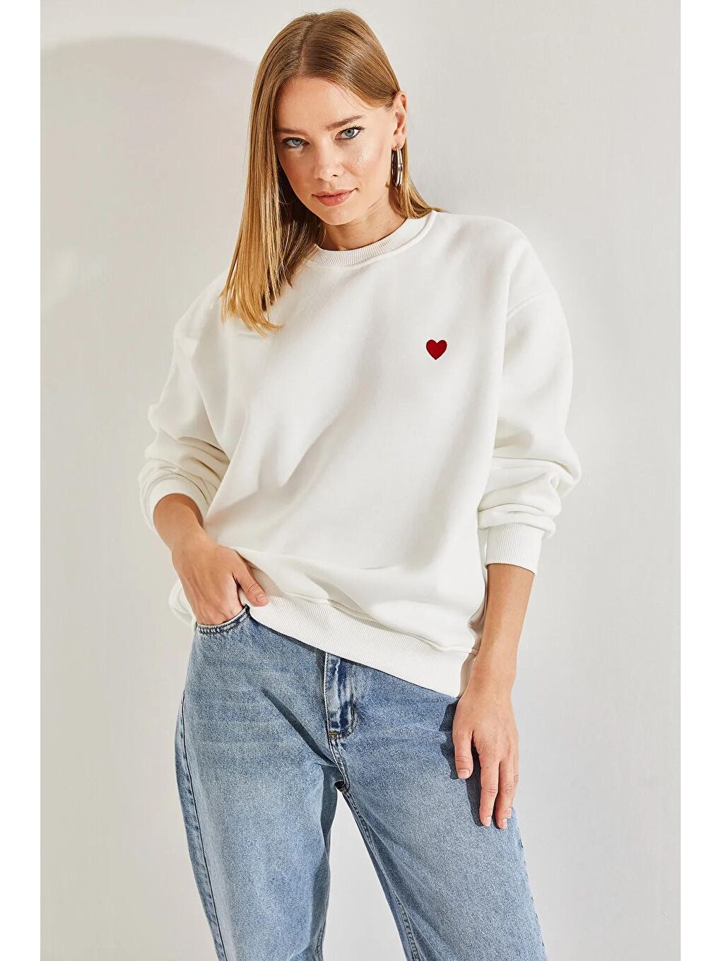 Kırmızı Kadın Kalp Baskılı Üç İplik Şardonlu Sweatshirt-2