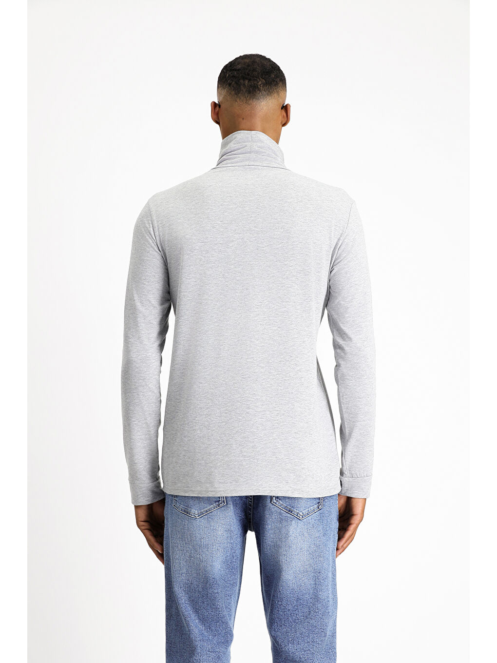 Gri Balıkçı Yaka Slim Fit Dar Kesim Pamuklu Sweatshirt-2