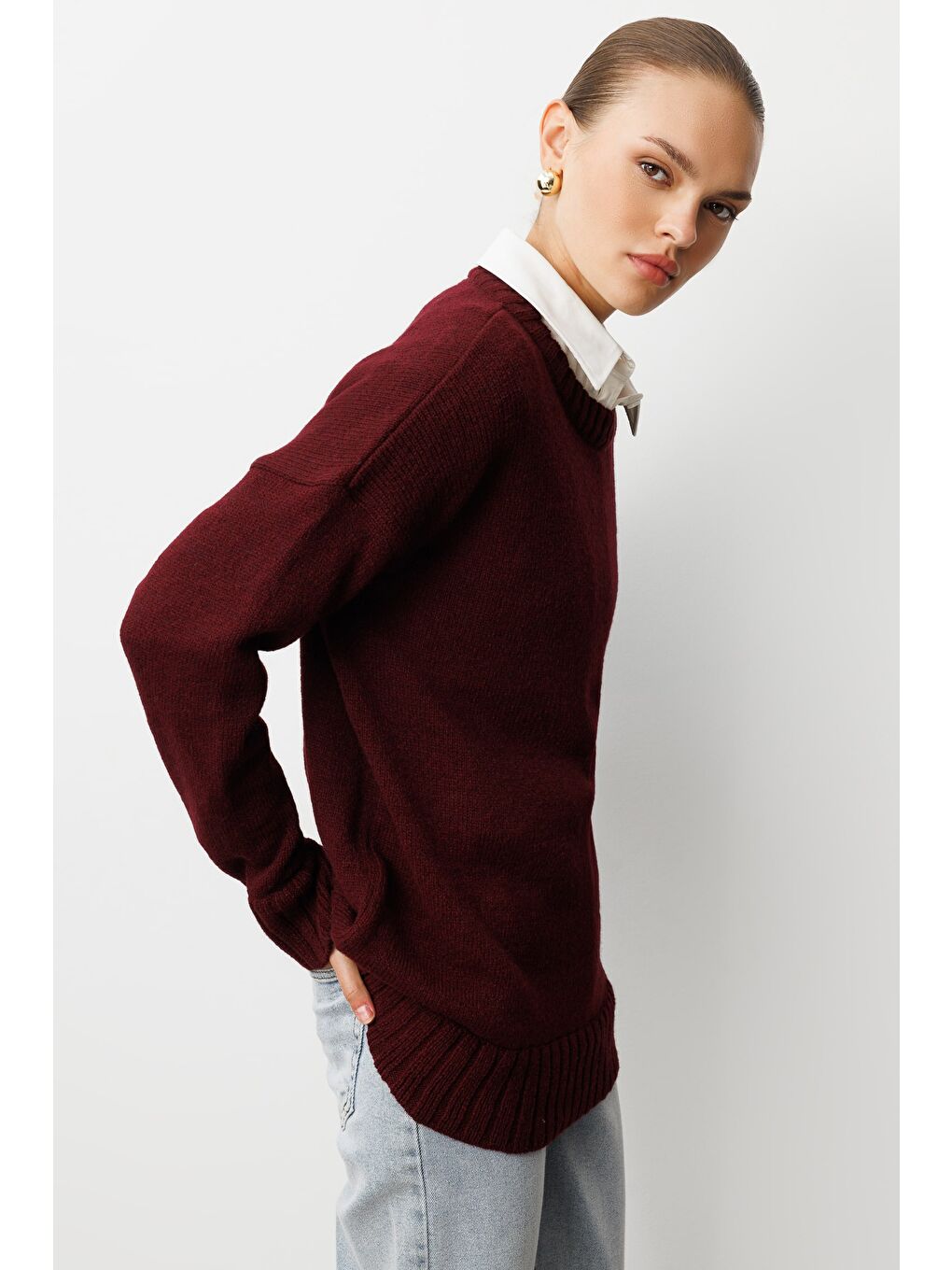 Yuvarlak Yaka Oversize Bordo Triko Kazak-1