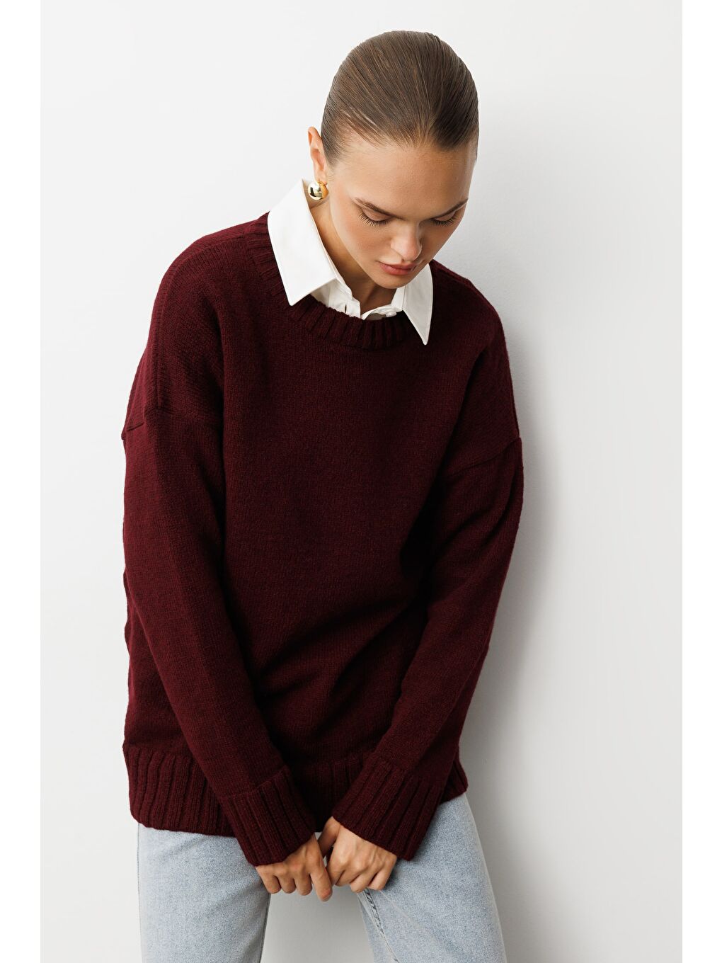 Yuvarlak Yaka Oversize Bordo Triko Kazak-2