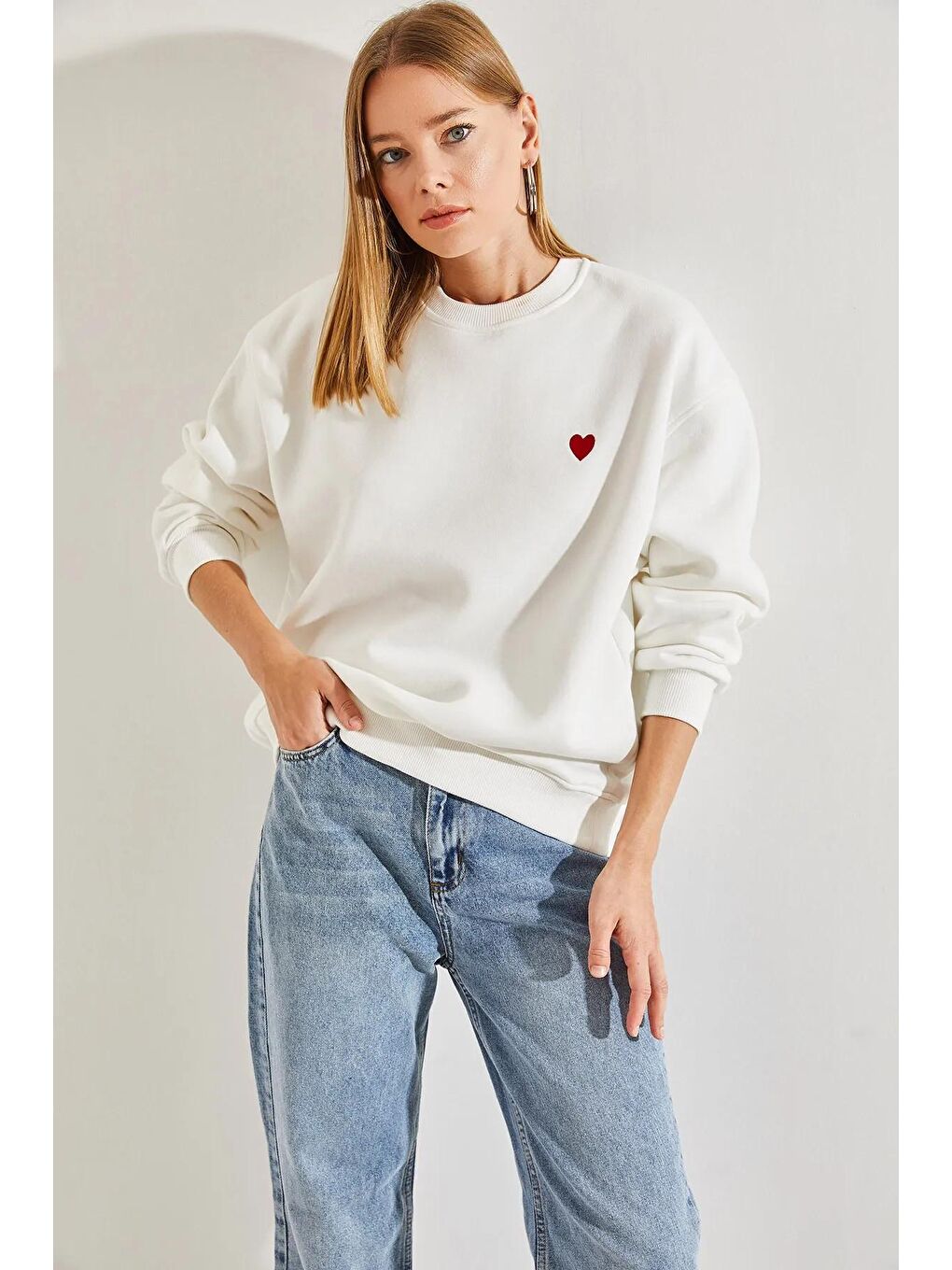 Kırmızı Kadın Kalp Baskılı Üç İplik Şardonlu Sweatshirt-3