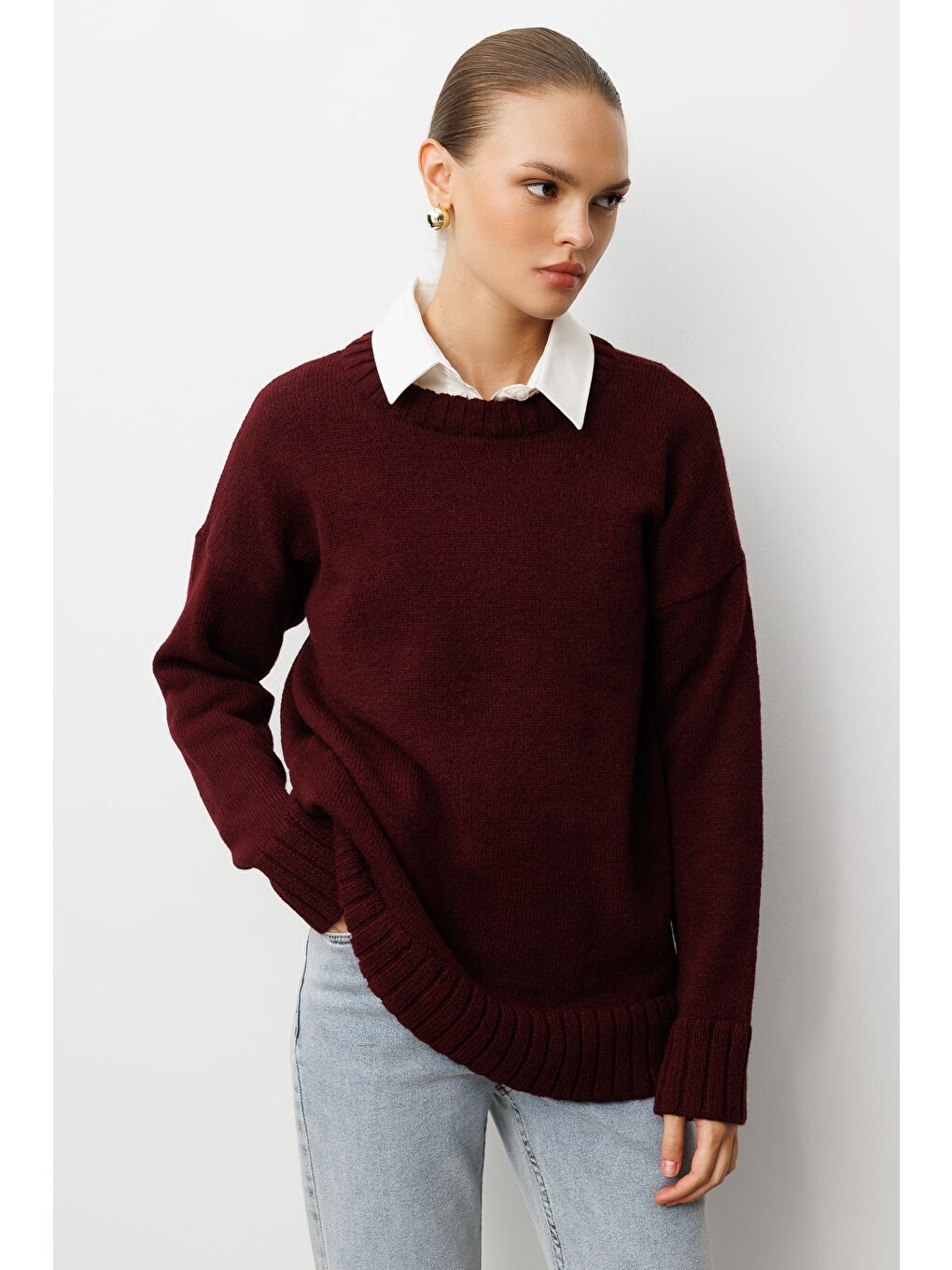 Yuvarlak Yaka Oversize Bordo Triko Kazak-3