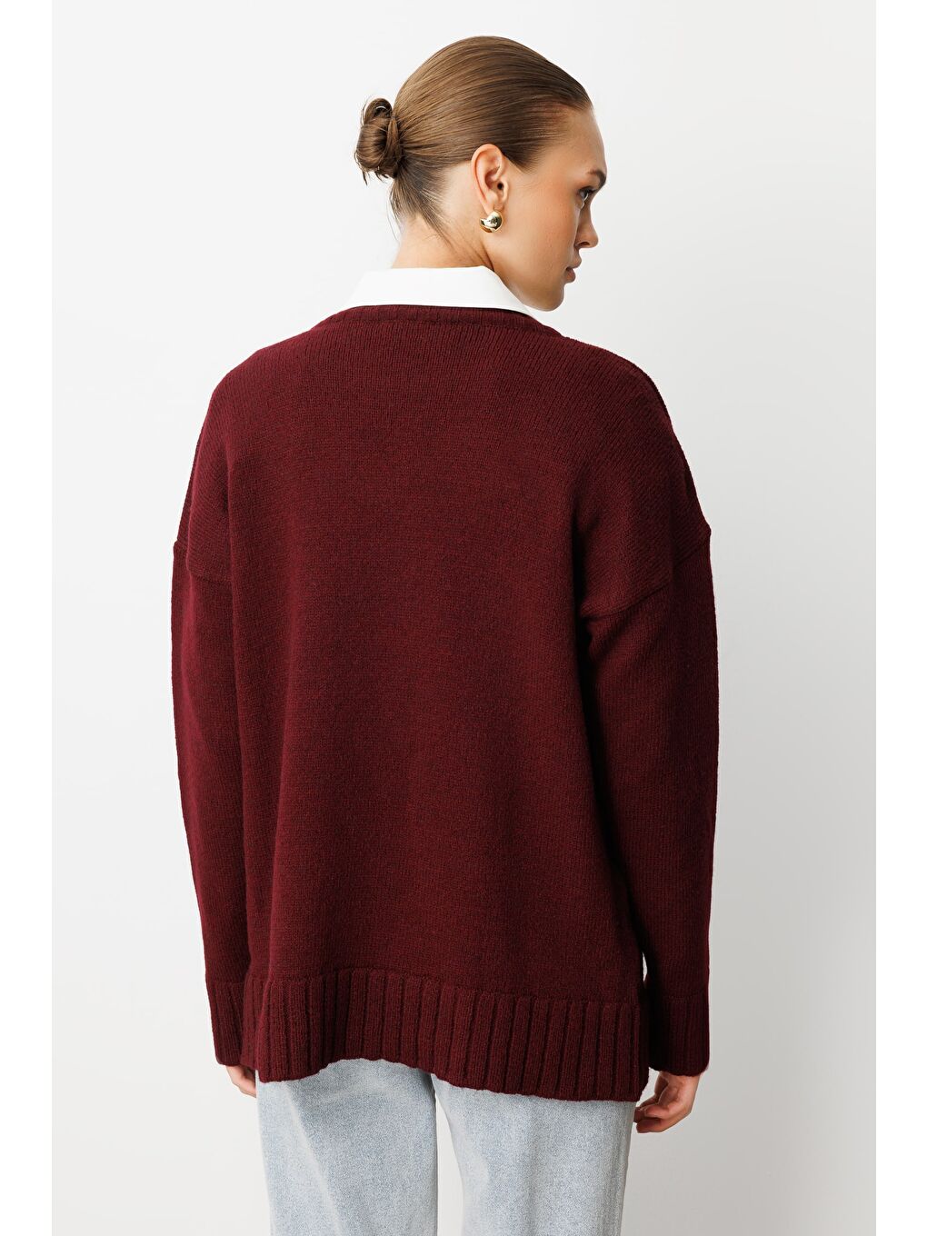 Yuvarlak Yaka Oversize Bordo Triko Kazak-4