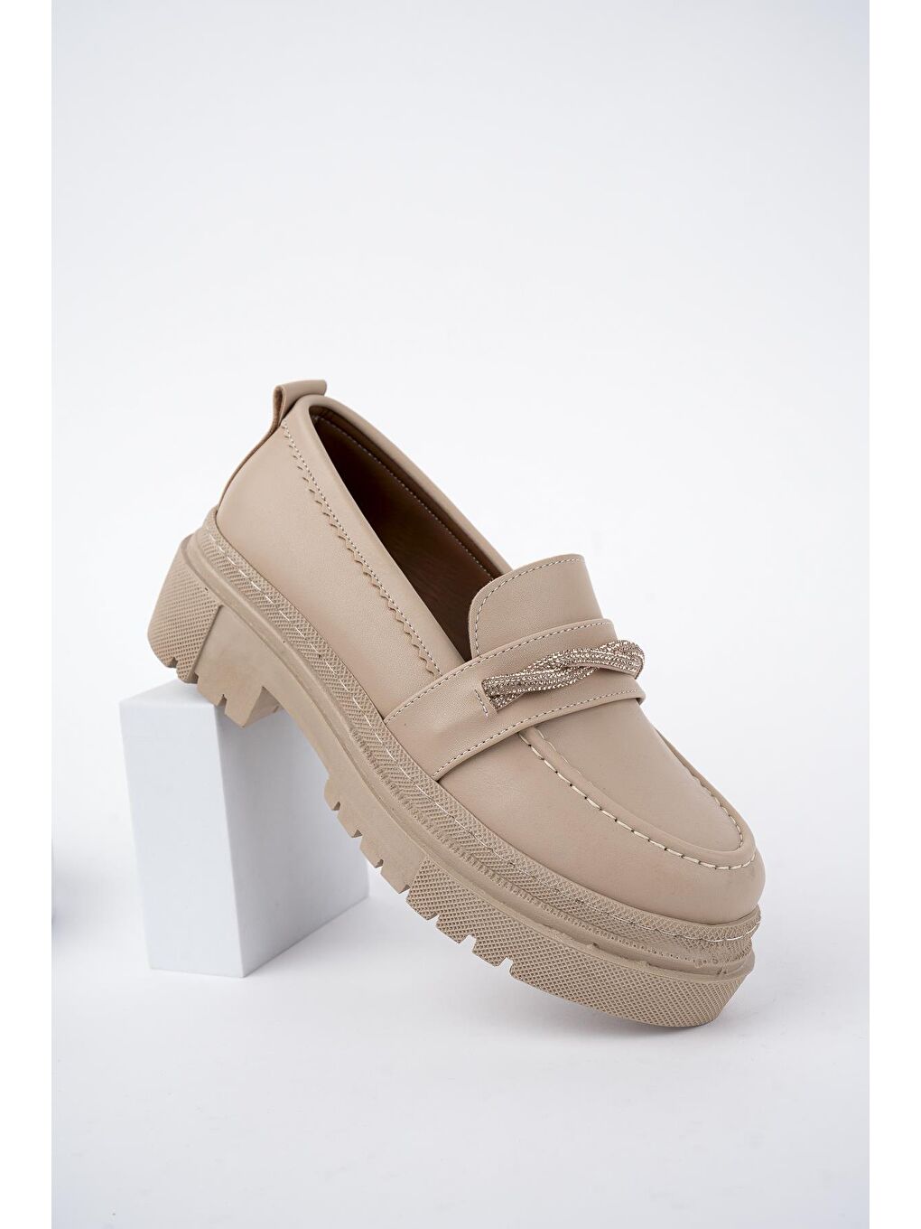 Bej Muggo Oxford  Kadın Loafer Kalın Taban Günlük Casual Makosen Ayakkabı