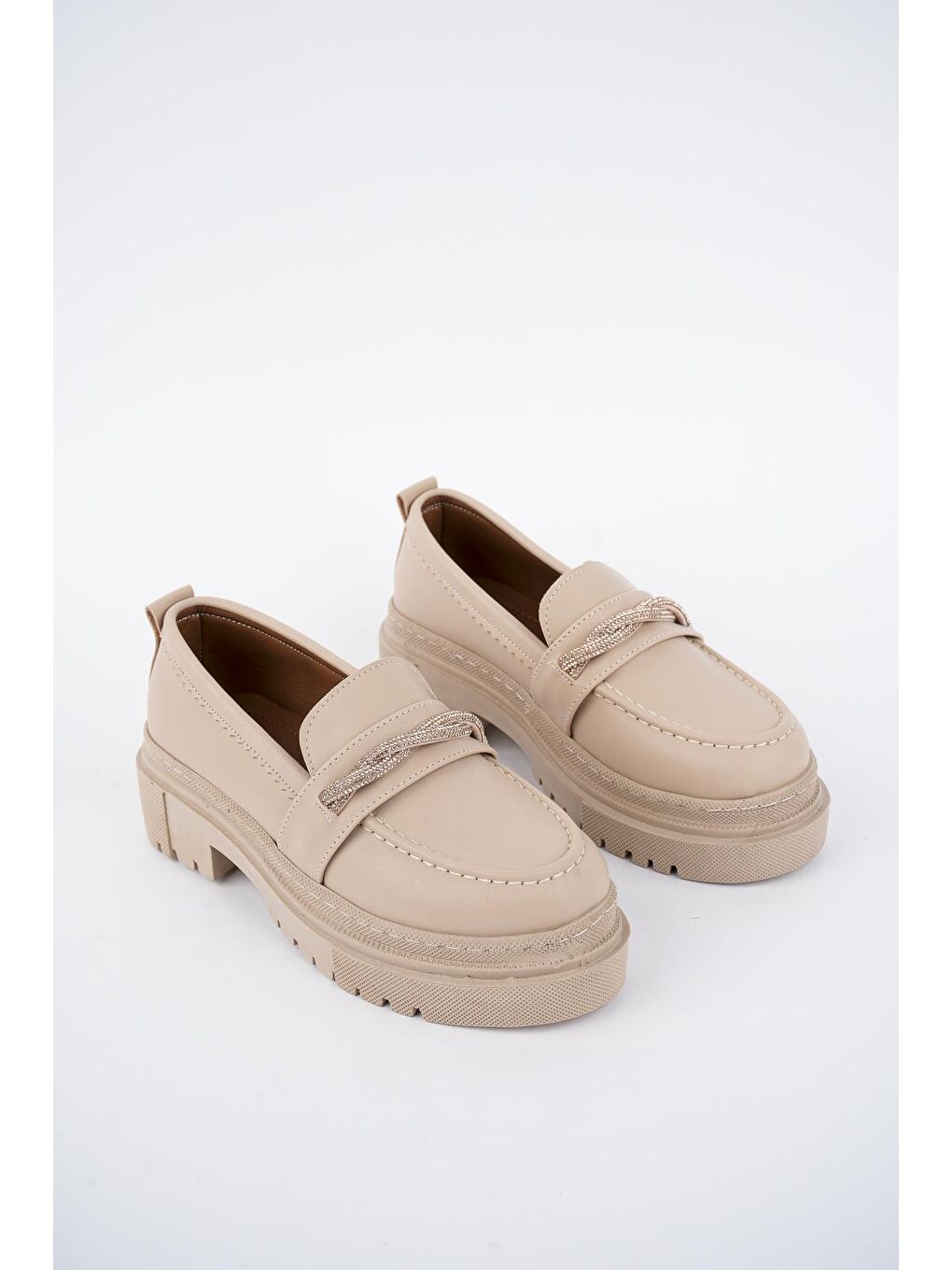 Bej Muggo Oxford  Kadın Loafer Kalın Taban Günlük Casual Makosen Ayakkabı-1