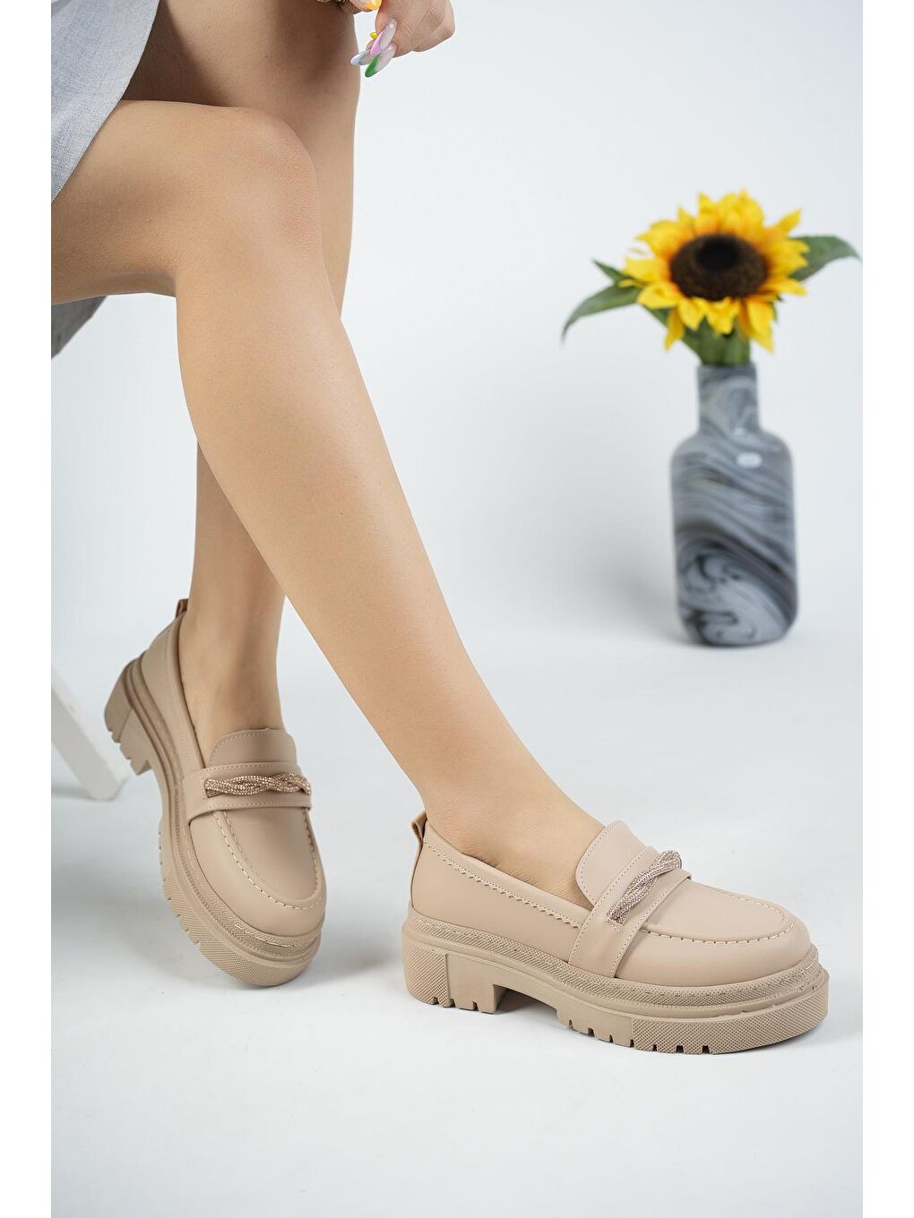 Bej Muggo Oxford  Kadın Loafer Kalın Taban Günlük Casual Makosen Ayakkabı-3