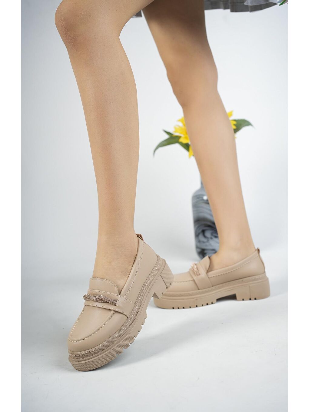 Bej Muggo Oxford  Kadın Loafer Kalın Taban Günlük Casual Makosen Ayakkabı-4