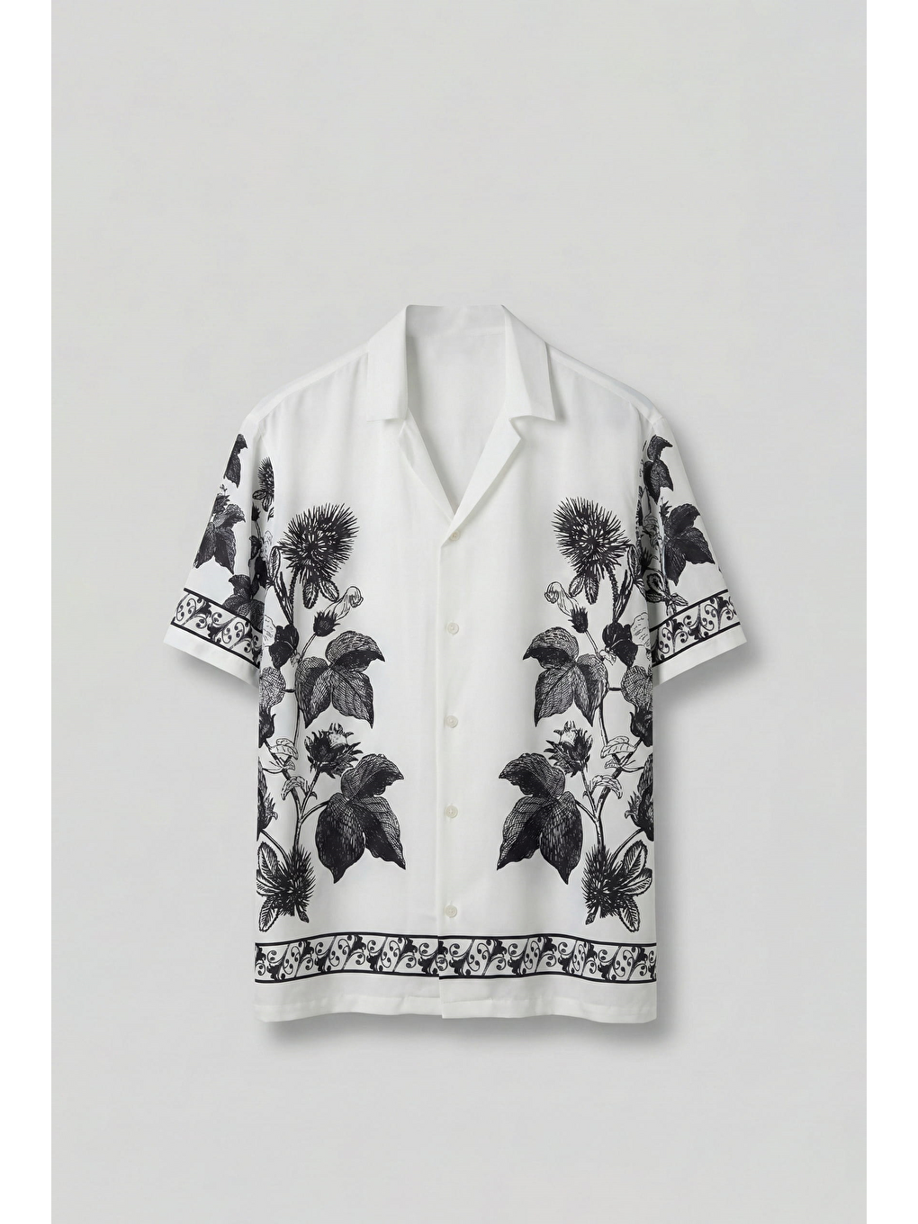 Erkek Oversize Motifli Küba Yaka Kısa Kol Gömlek Ekru