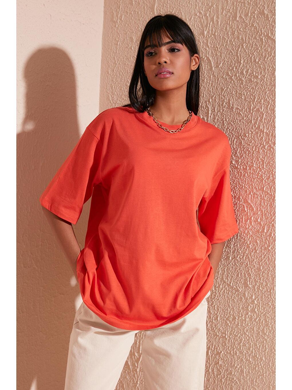 Lela Kiremit Pamuklu Oversize Bisiklet Yaka T Shirt 5864562