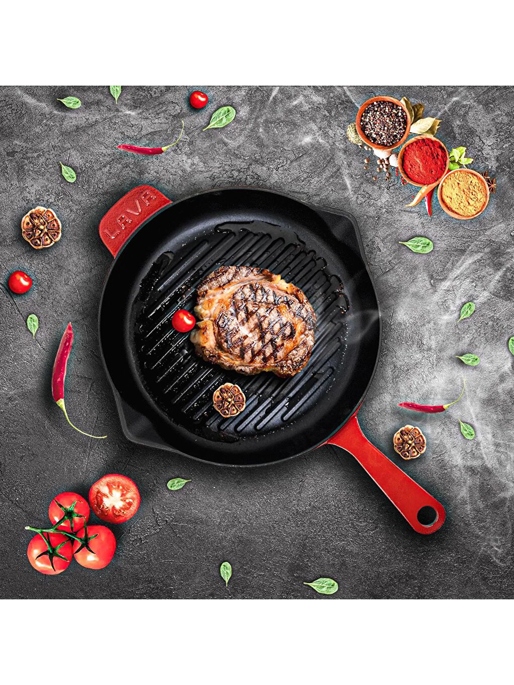 Kırmızı Yuvarlak Izgara Tavası Döküm Demir Yekpare Saplı Spring Serisi Çap(Ø)28cm.-3