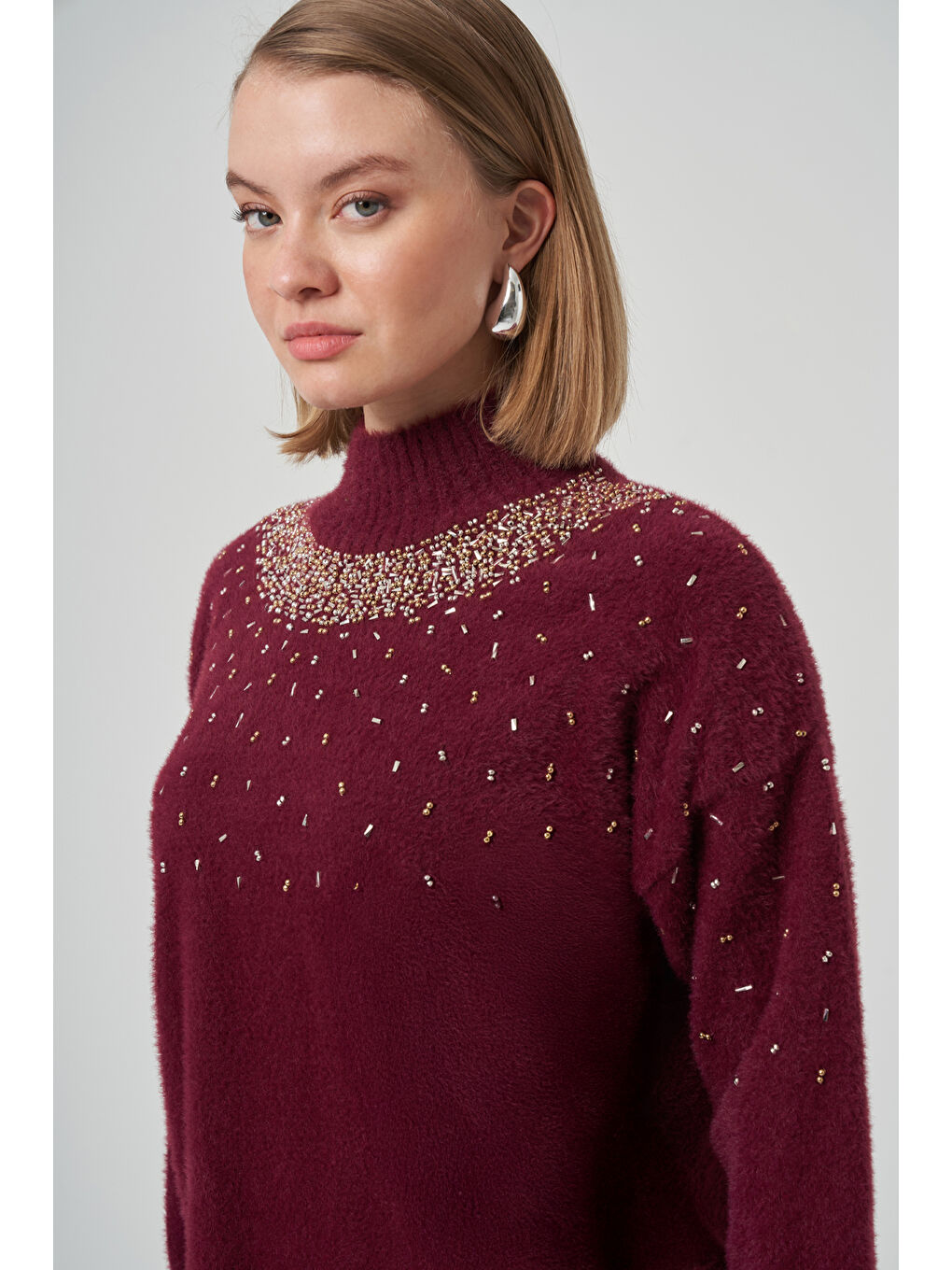 Boncuk İşlemeli Angora Kazak 7003 Bordo