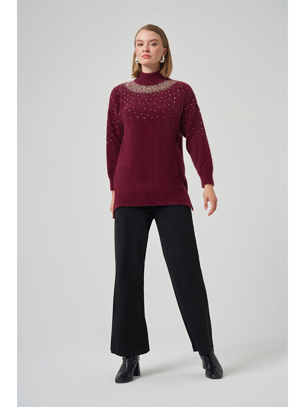 Boncuk İşlemeli Angora Kazak 7003 Bordo-3