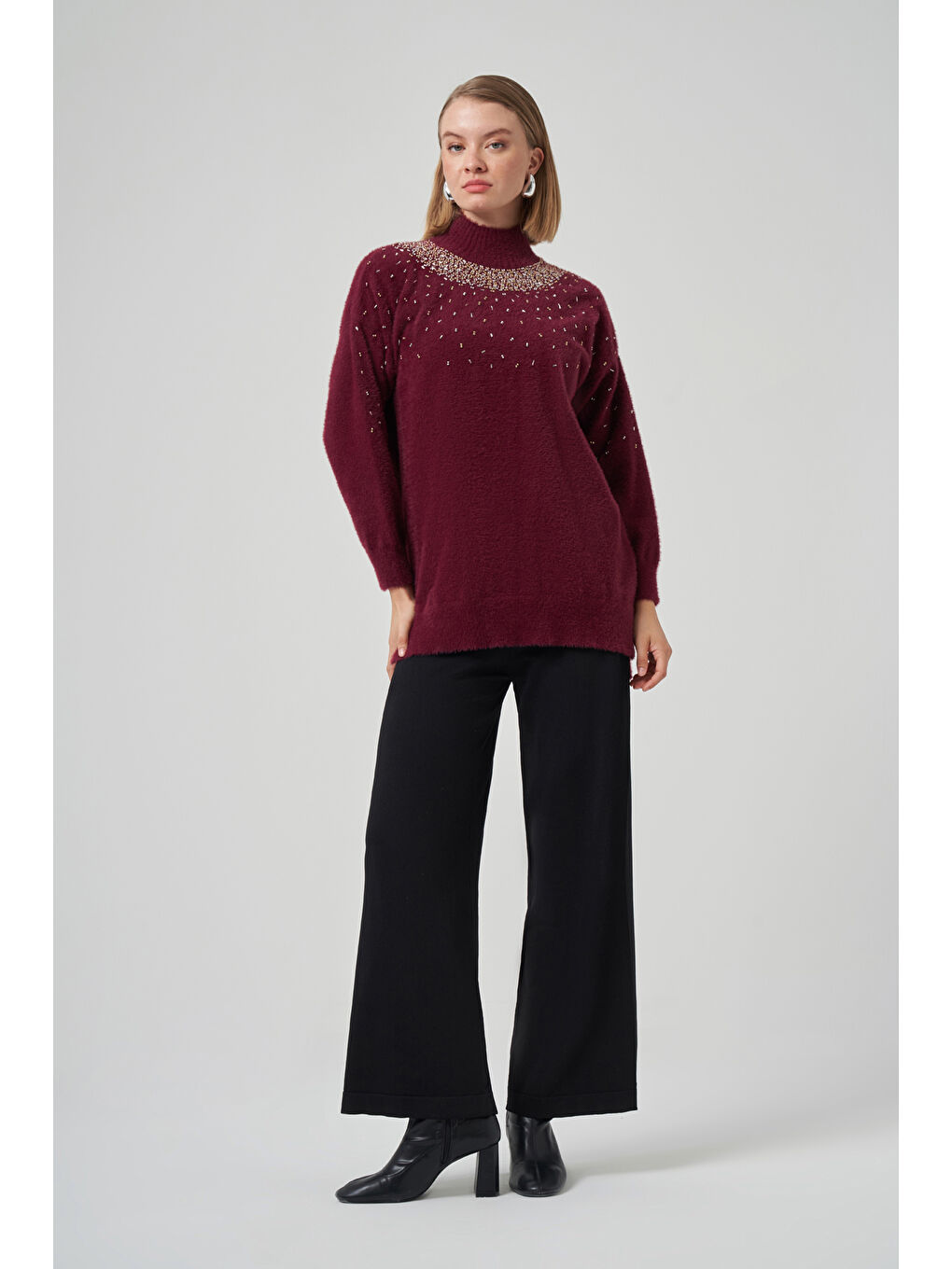 Boncuk İşlemeli Angora Kazak 7003 Bordo-4