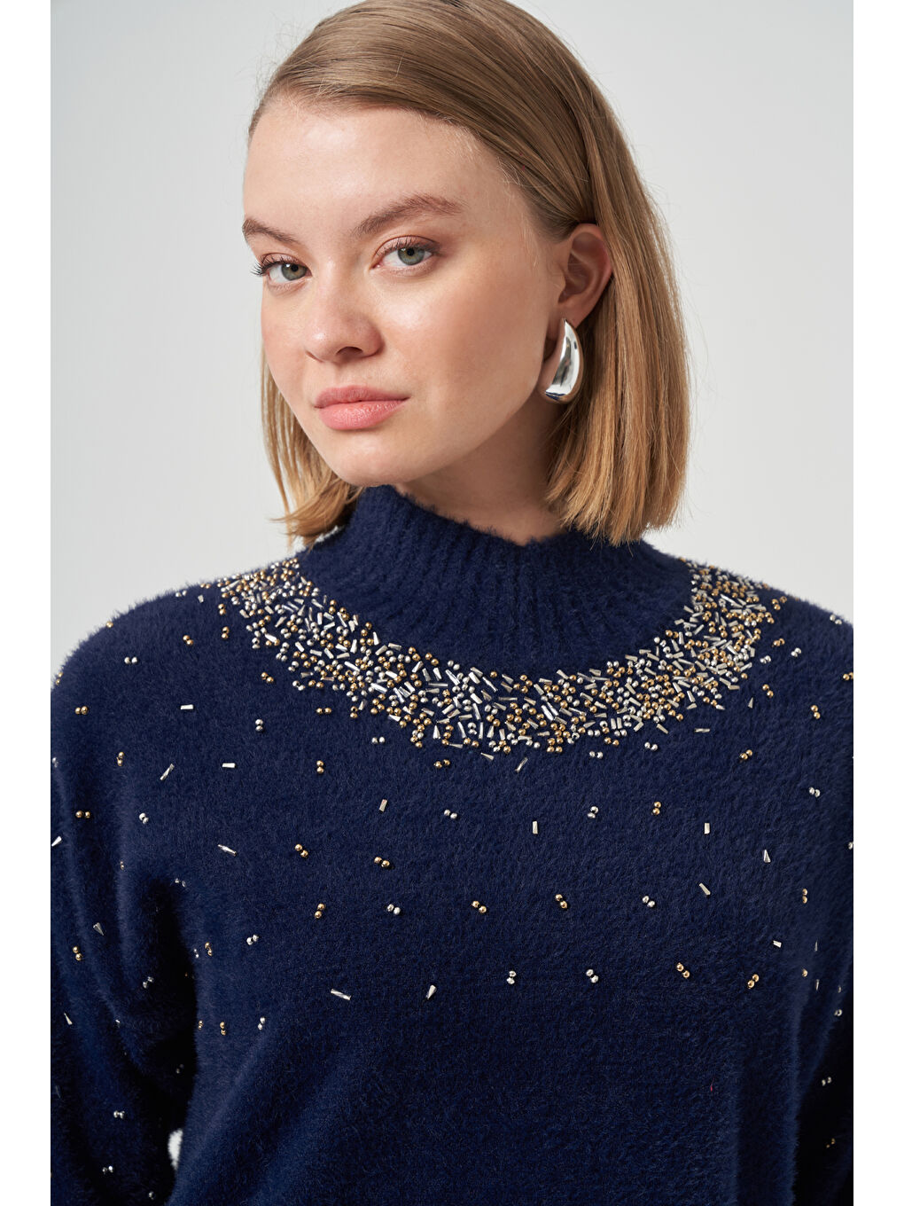 Boncuk İşlemeli Angora Kazak 7003 Lacivert-1