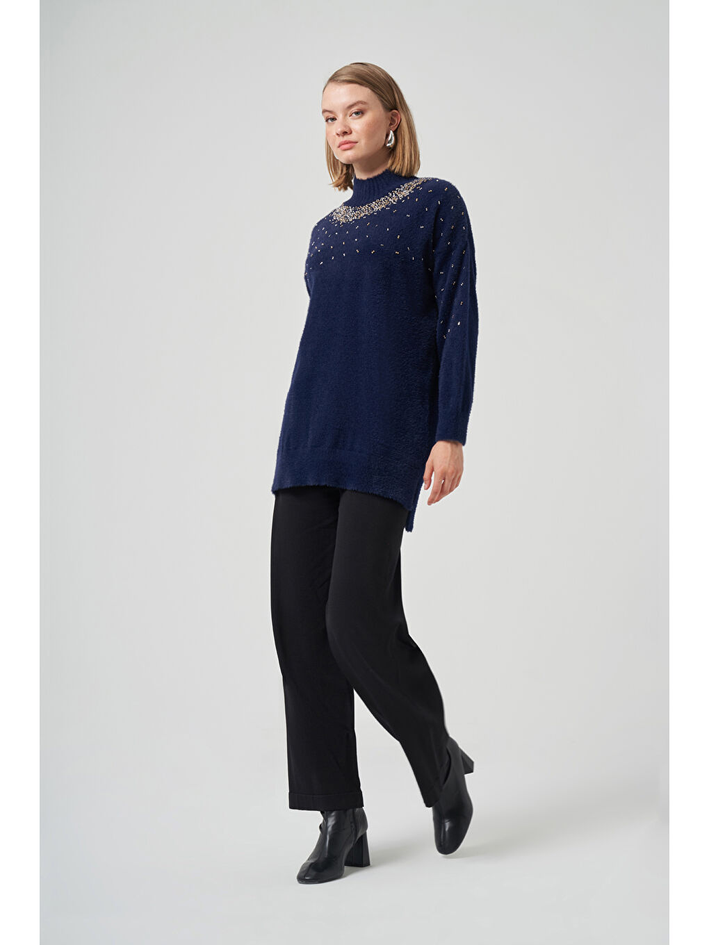 Boncuk İşlemeli Angora Kazak 7003 Lacivert-3