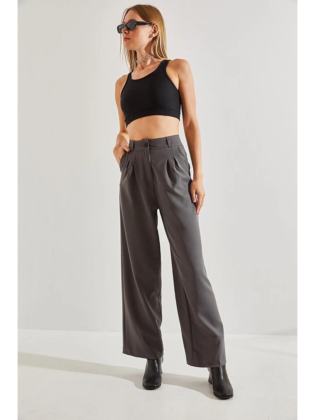 Antrasit Kadın Çift Pileli Pantolon