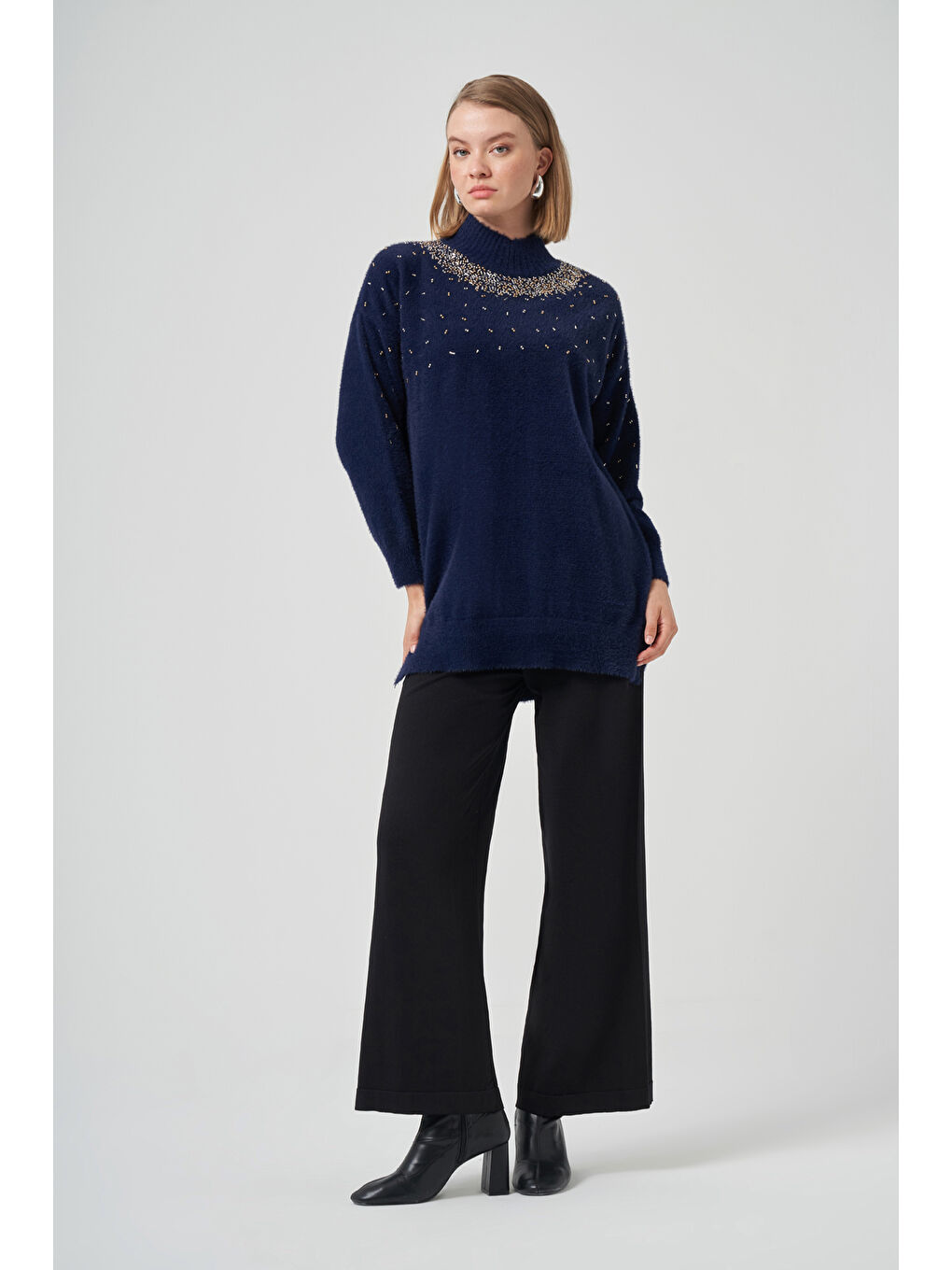 Boncuk İşlemeli Angora Kazak 7003 Lacivert-4