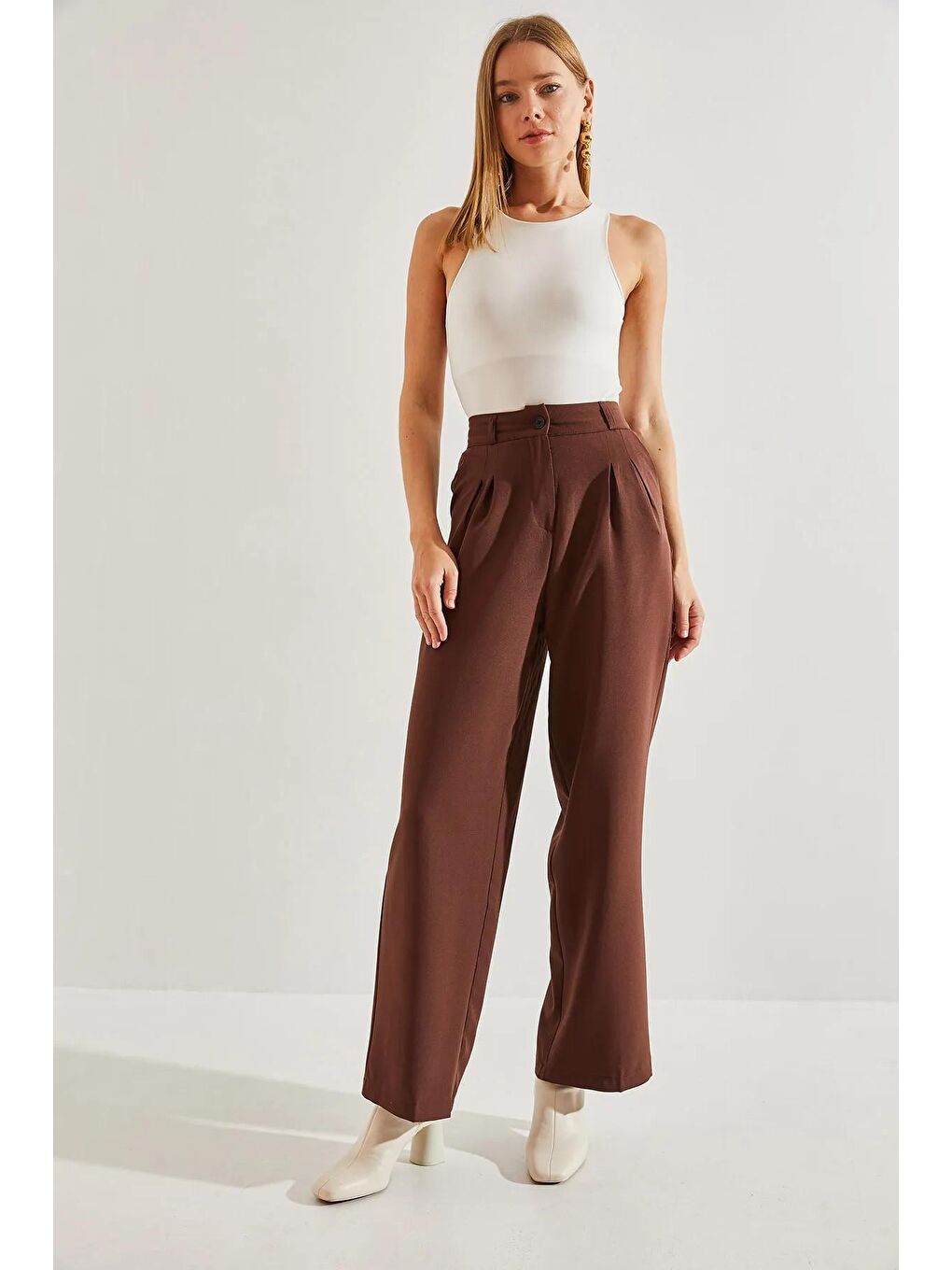 Kahverengi Kadın Çift Pileli Pantolon-1