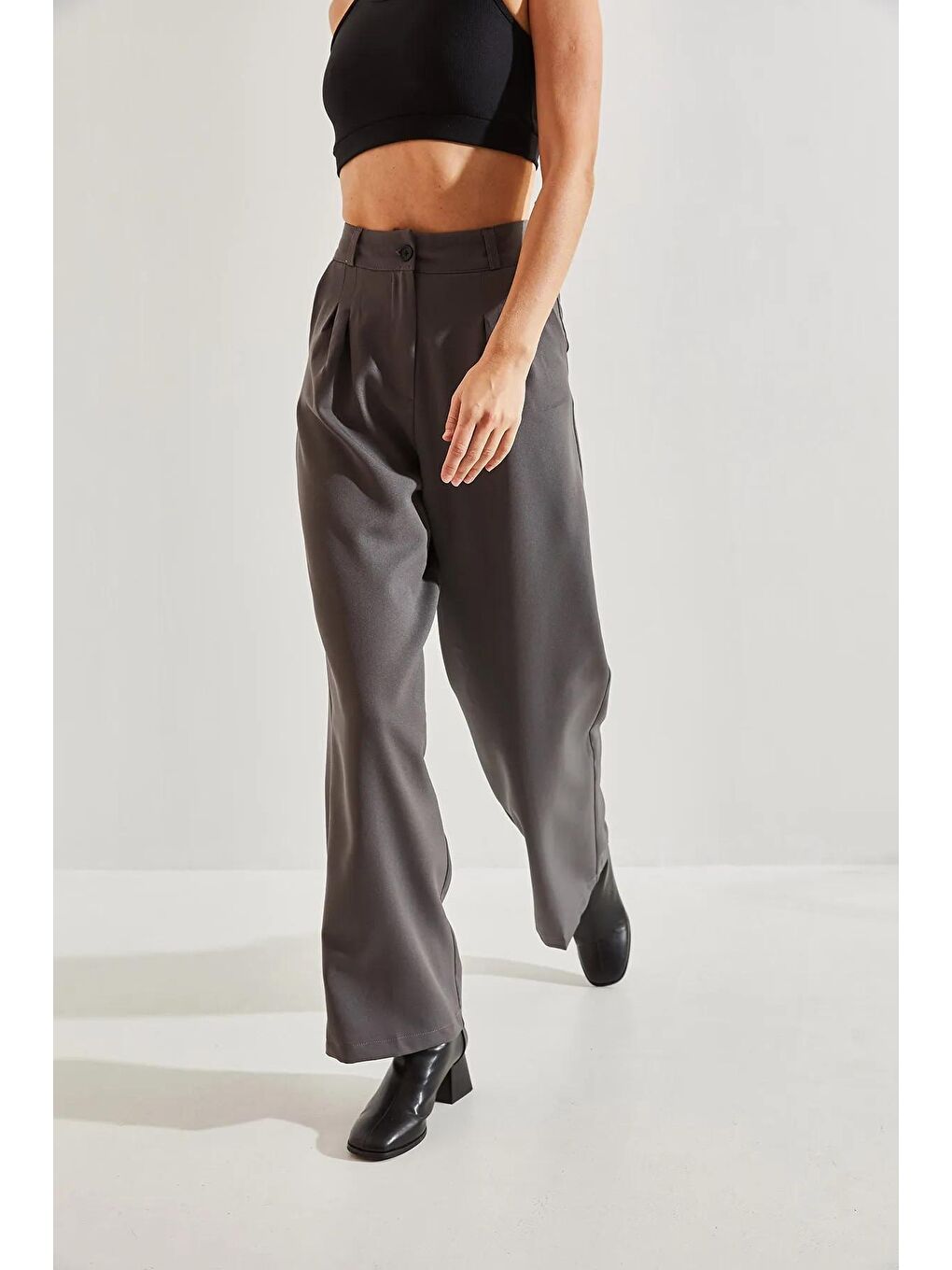 Antrasit Kadın Çift Pileli Pantolon-1