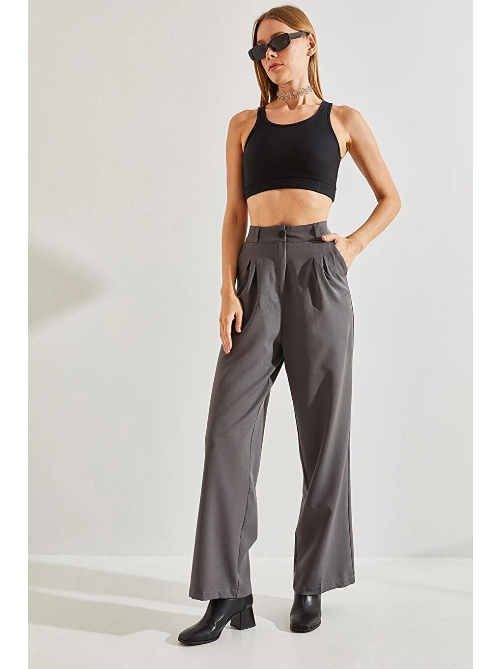 Antrasit Kadın Çift Pileli Pantolon-2