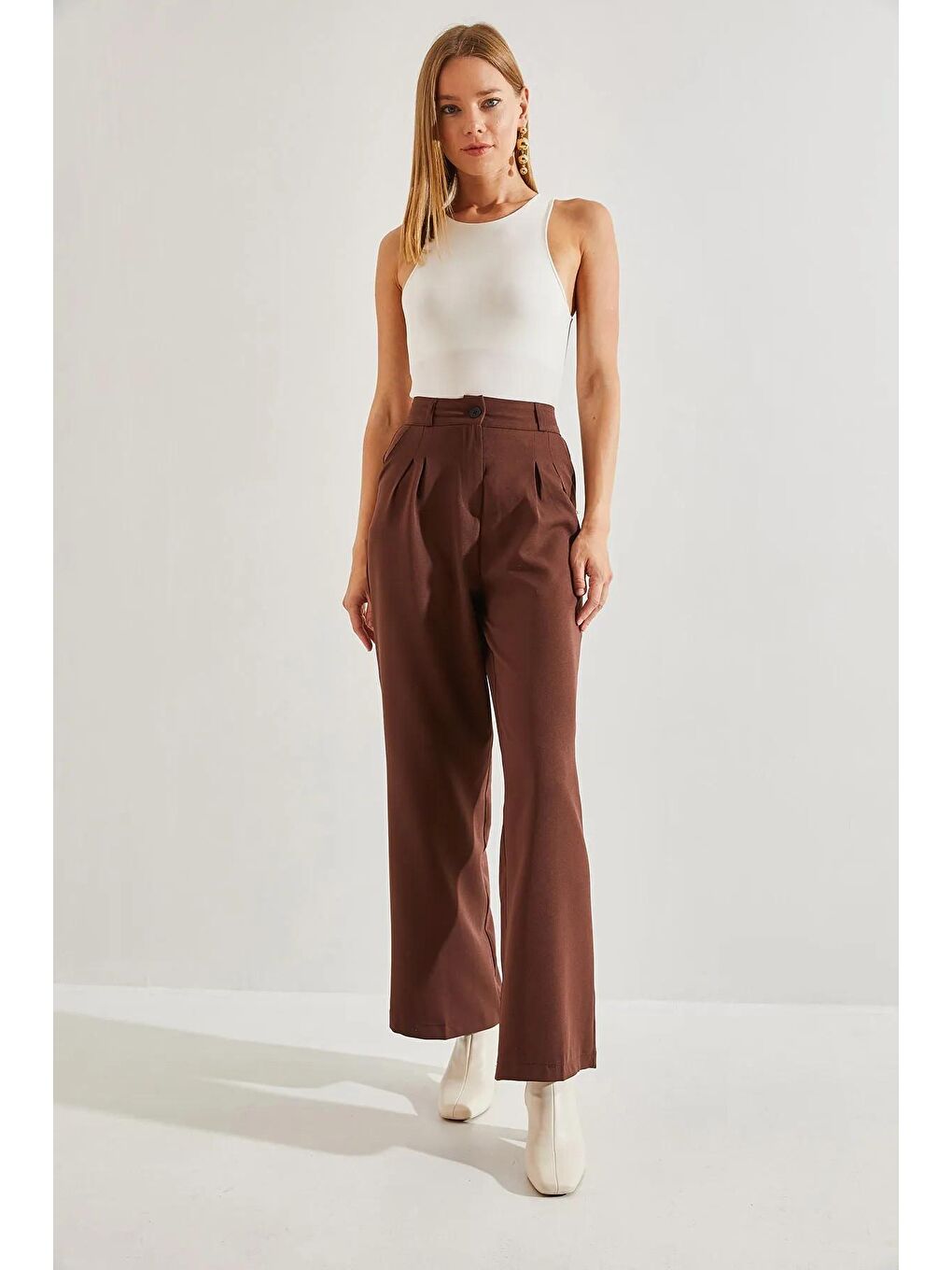 Kahverengi Kadın Çift Pileli Pantolon-2