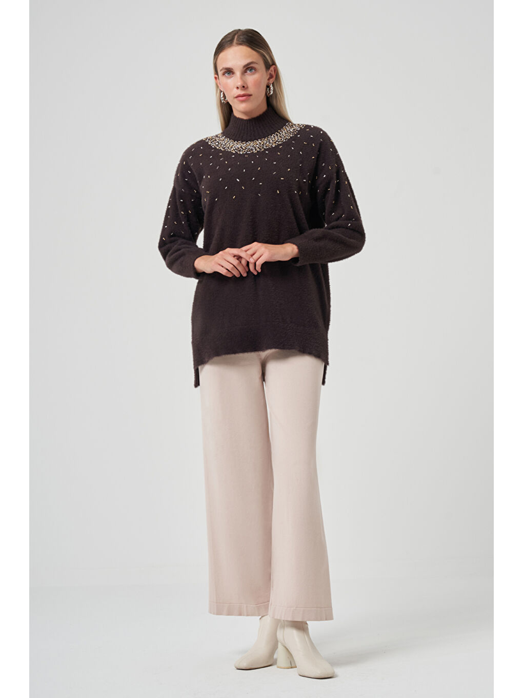 Kahverengi Boncuk İşlemeli Angora Kazak 7003 Acı Kahve-3