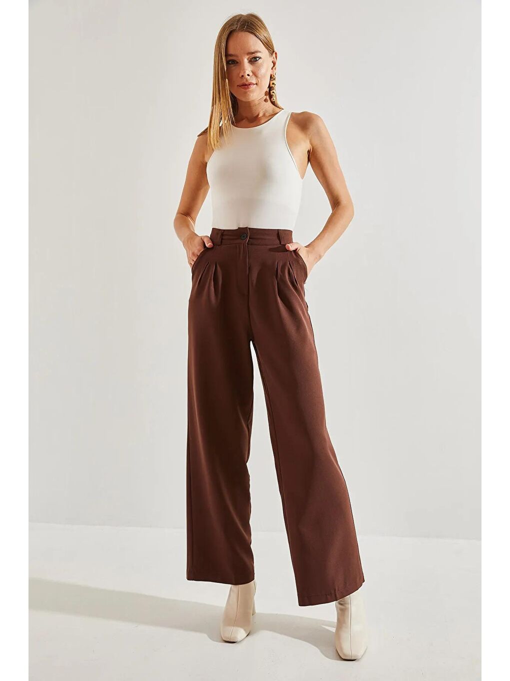 Kahverengi Kadın Çift Pileli Pantolon-3