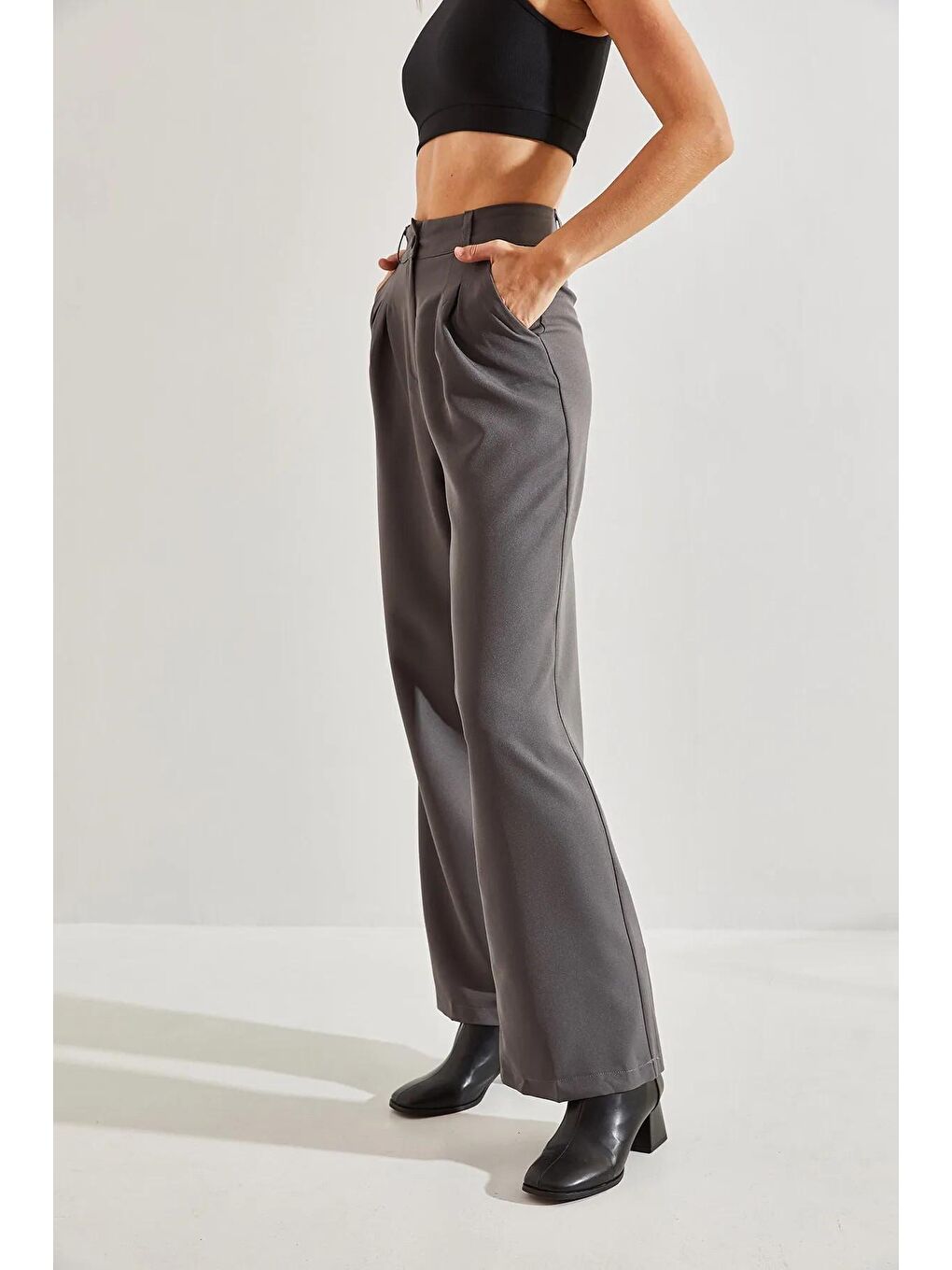 Antrasit Kadın Çift Pileli Pantolon-4