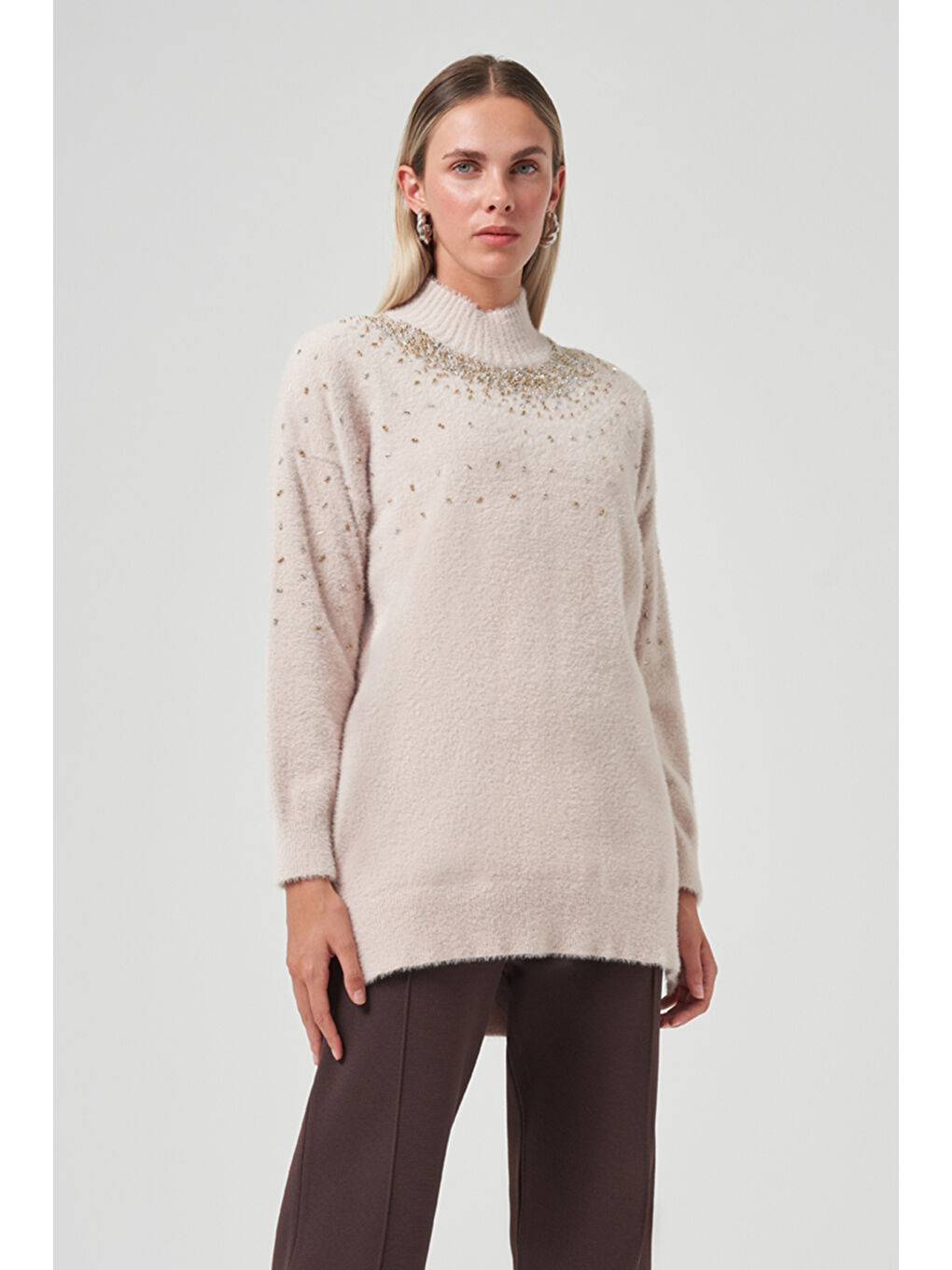 Boncuk İşlemeli Angora Kazak 7003 Bej