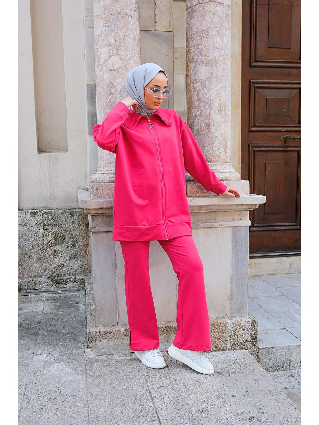 Gemici Yaka İkili Tesettür Takım Fuşya