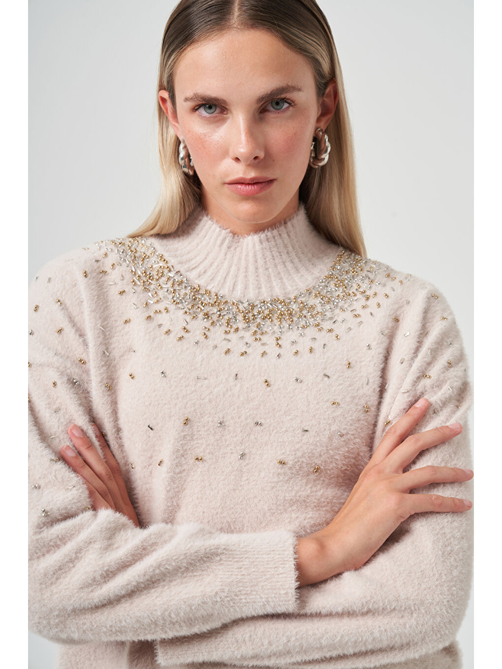 Boncuk İşlemeli Angora Kazak 7003 Bej-1