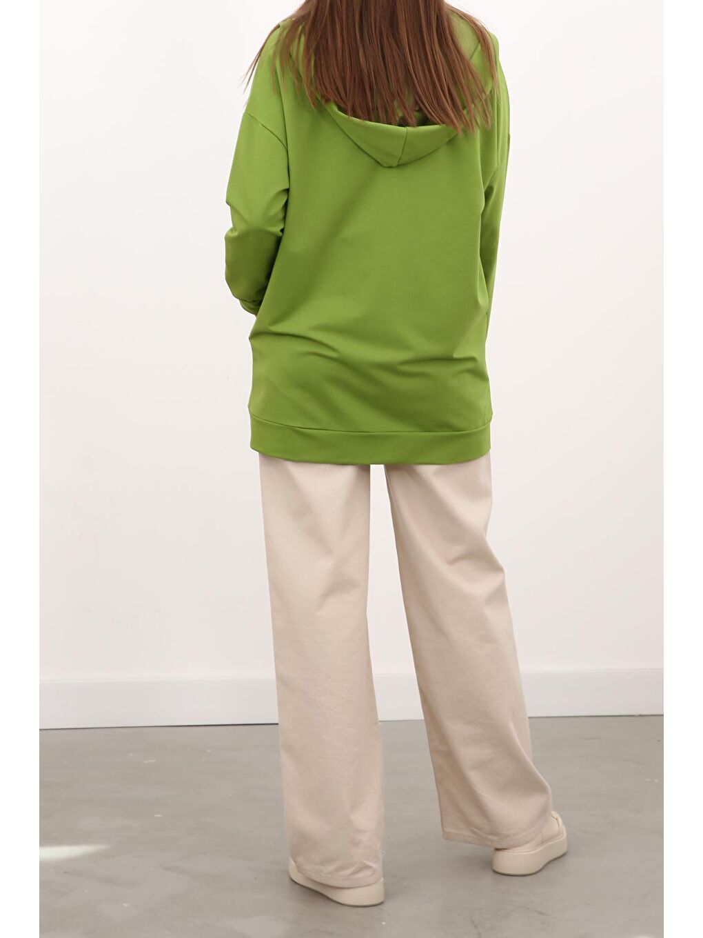 Fıstık Yeşili Kapüşonlu Fermuarlı Hırka-4