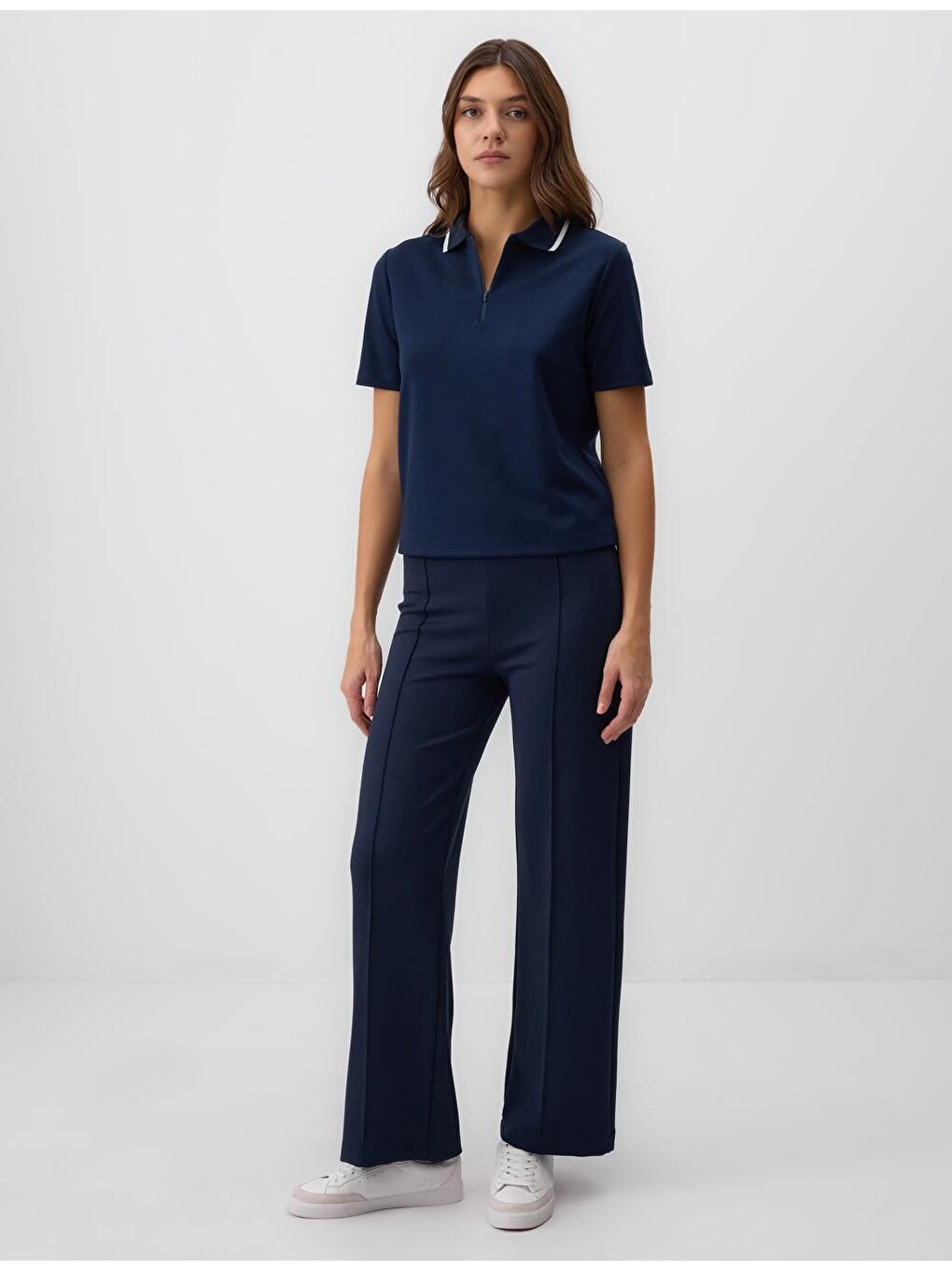 Lacivert Rahat Kesim Yüksek Bel Bol Paça Örme Pantolon