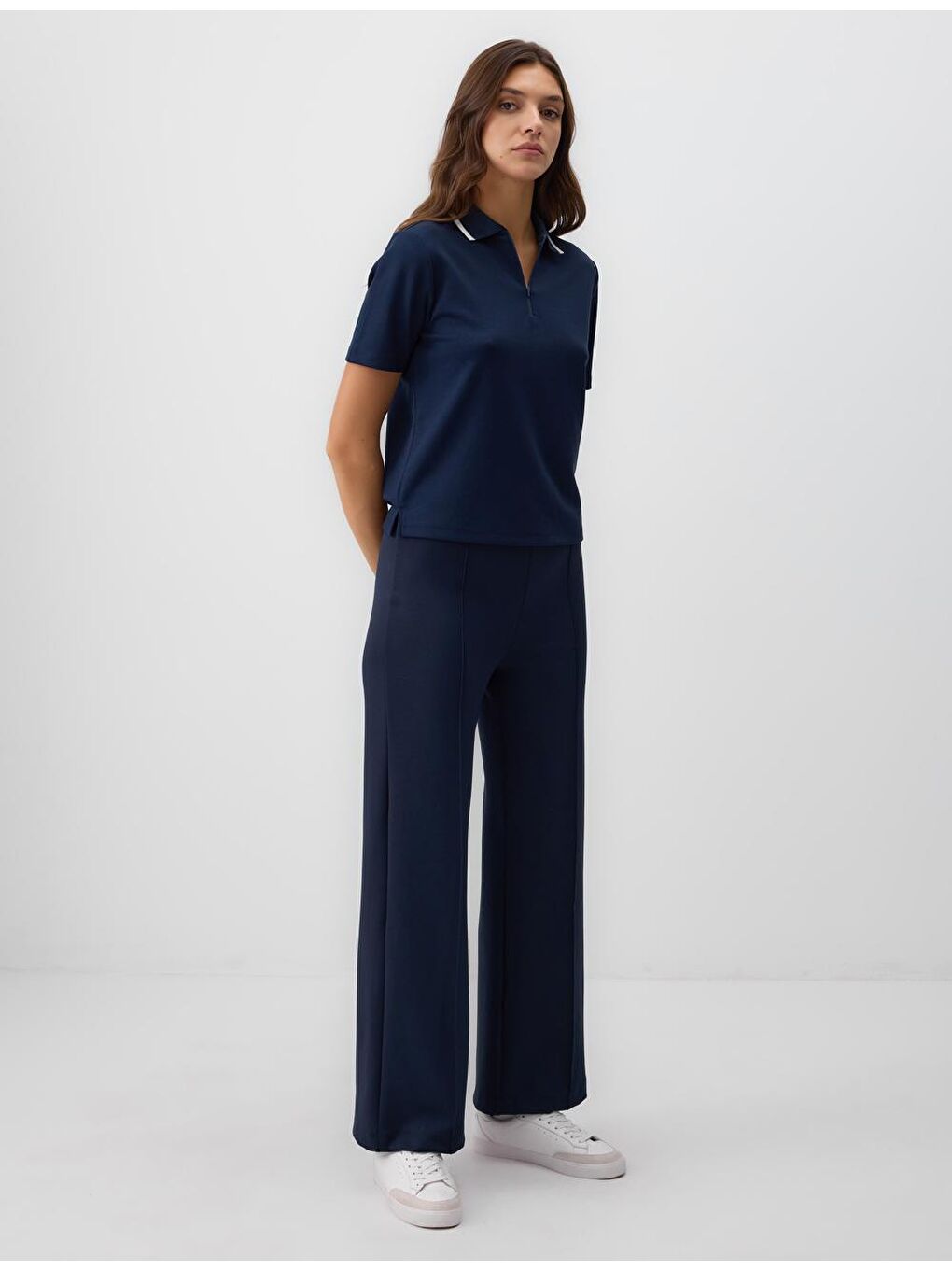 Lacivert Rahat Kesim Yüksek Bel Bol Paça Örme Pantolon-2