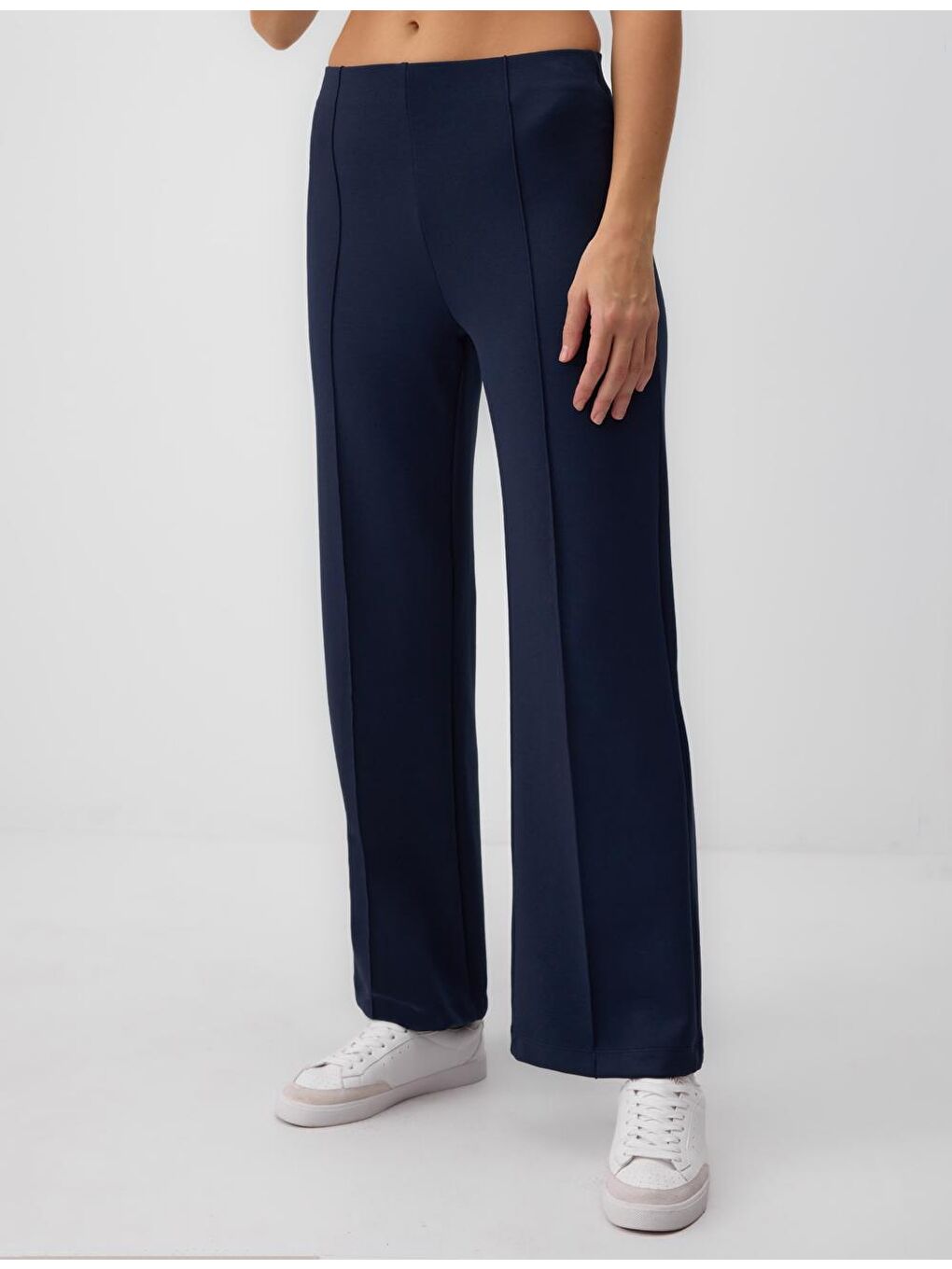 Lacivert Rahat Kesim Yüksek Bel Bol Paça Örme Pantolon-3