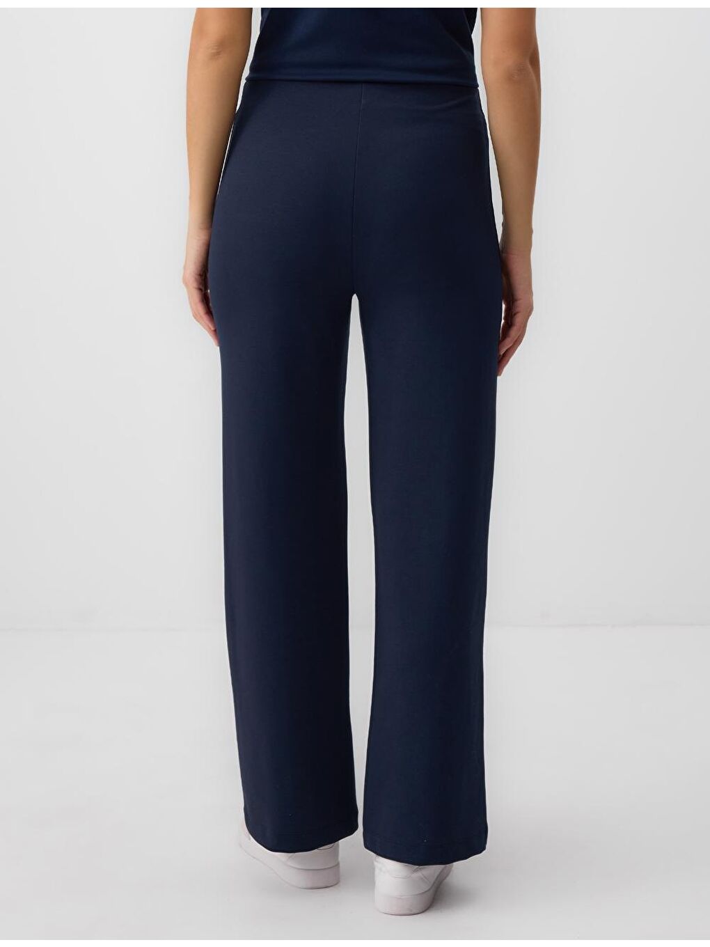 Lacivert Rahat Kesim Yüksek Bel Bol Paça Örme Pantolon-5