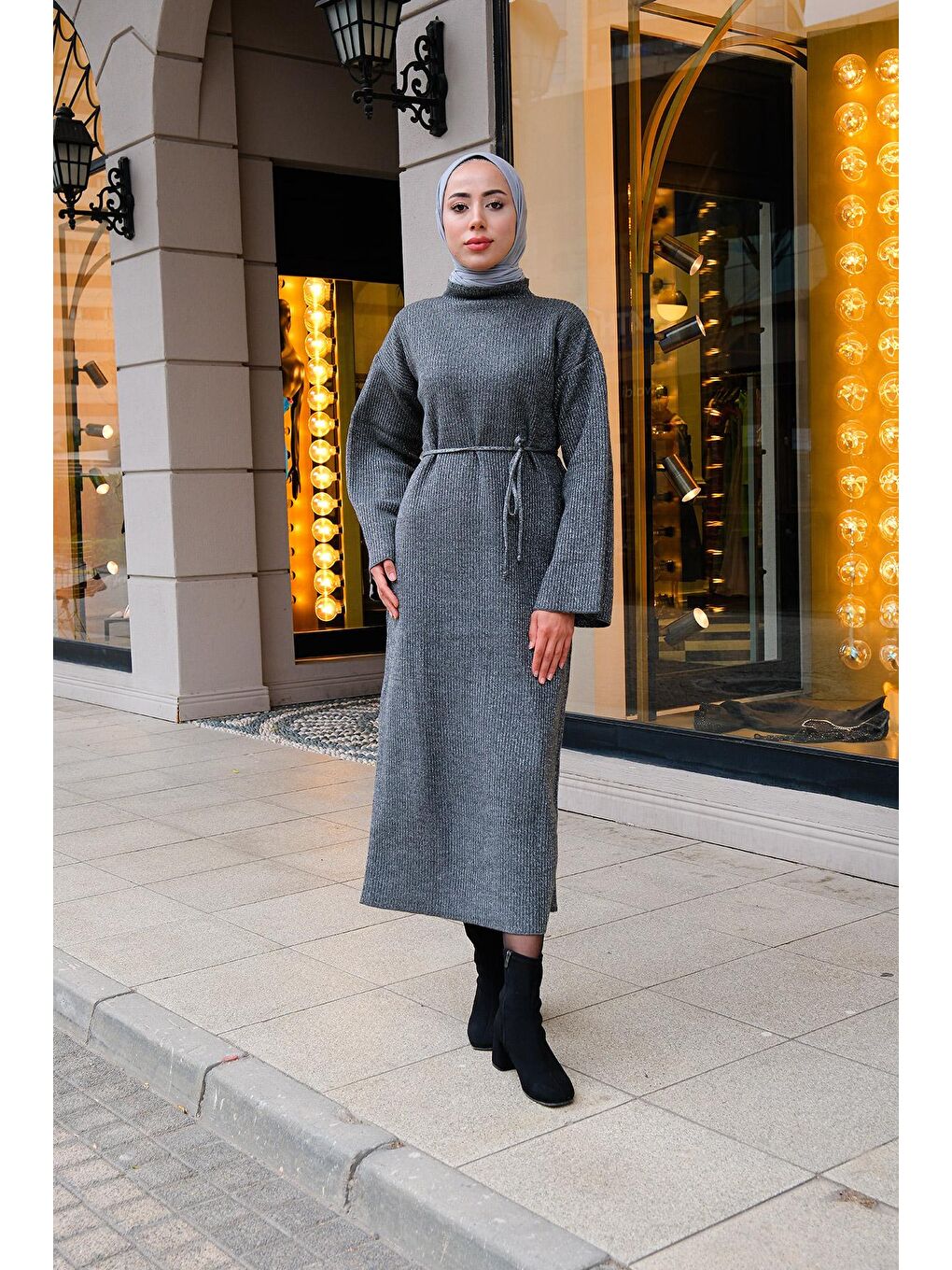 Simli Tesettür Triko Elbise  Gri